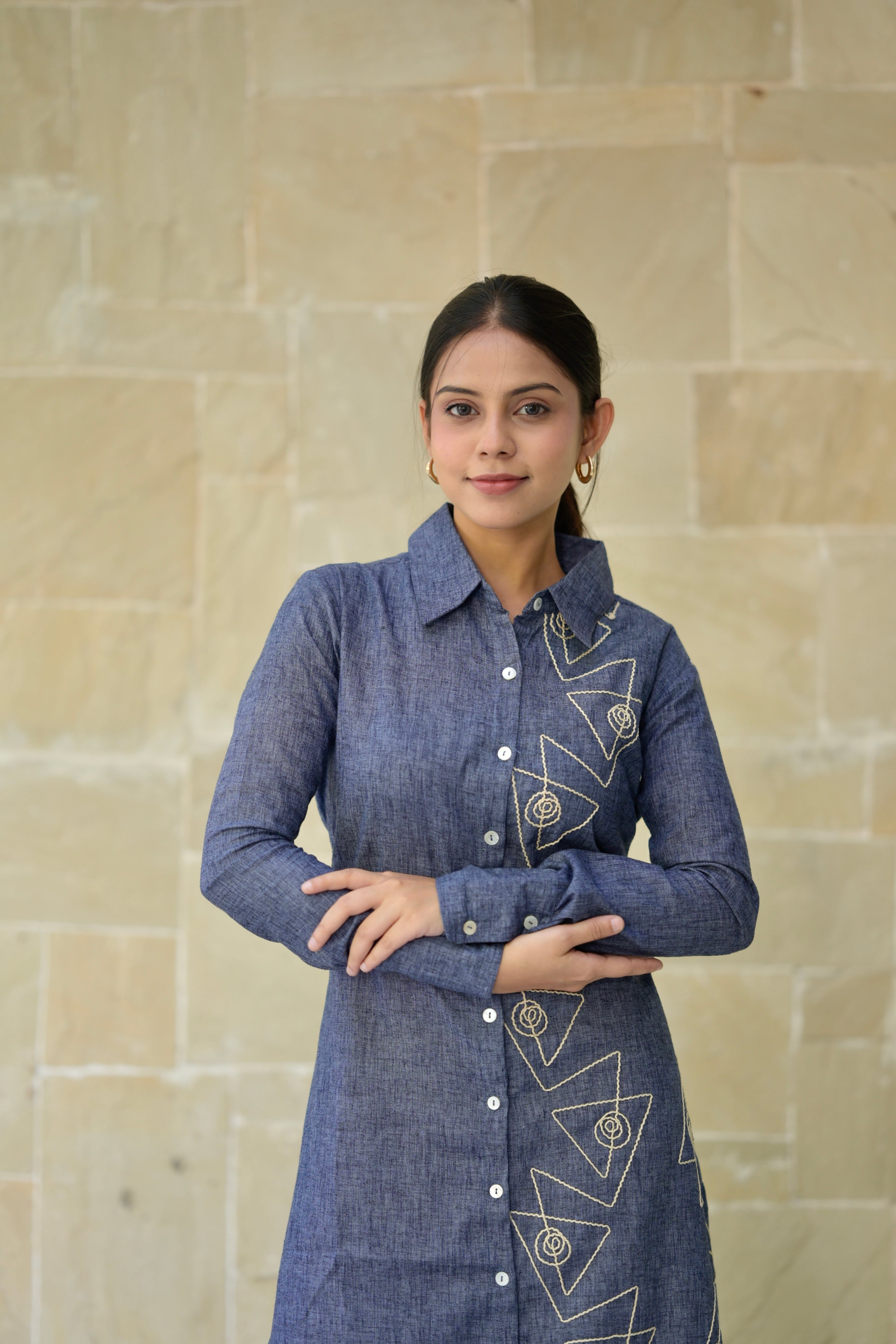 Women linen dress 1 - denim colour linen cotton dress with embroidery