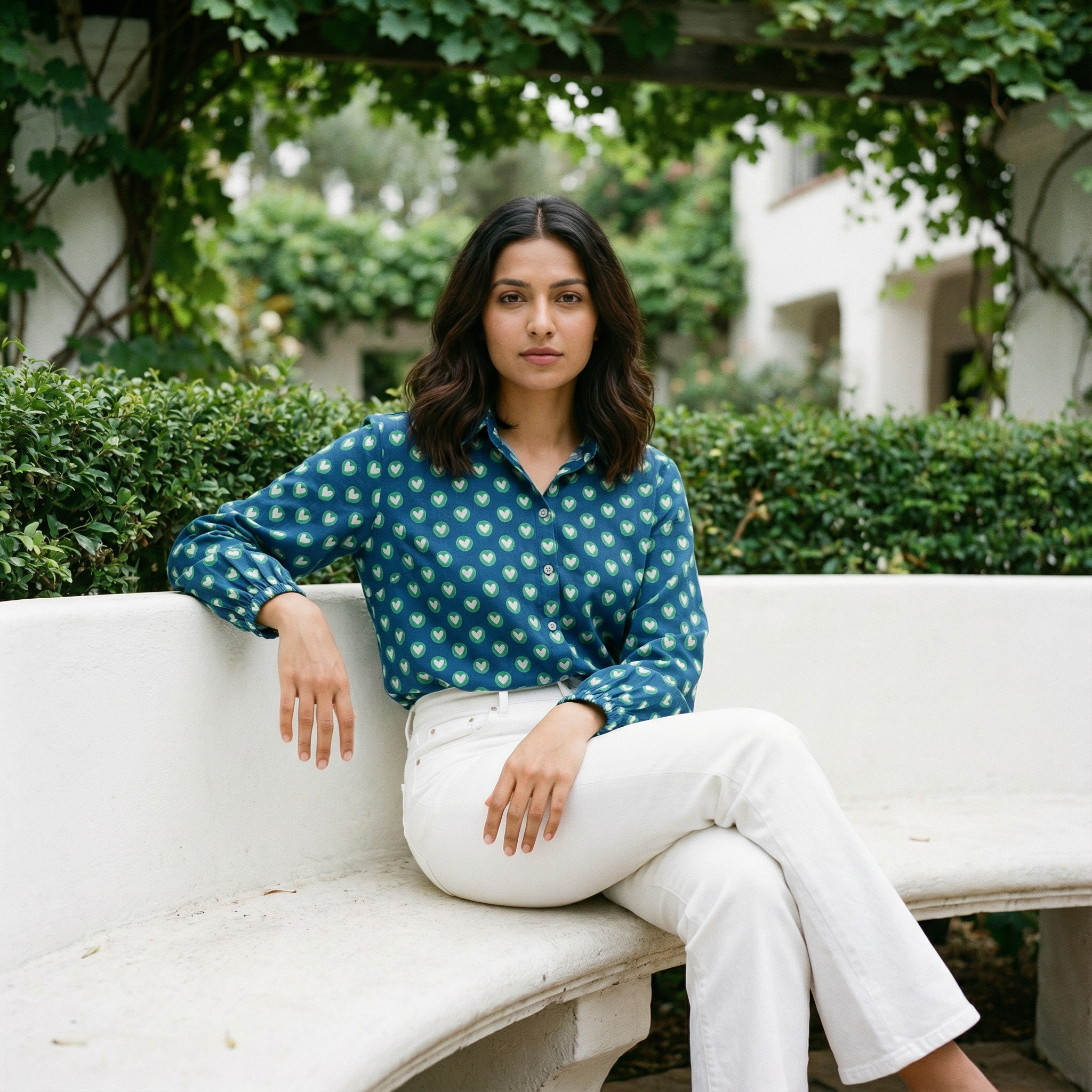 Women's shirt 15- Cute heart printed organic cotton shirt in teal blue