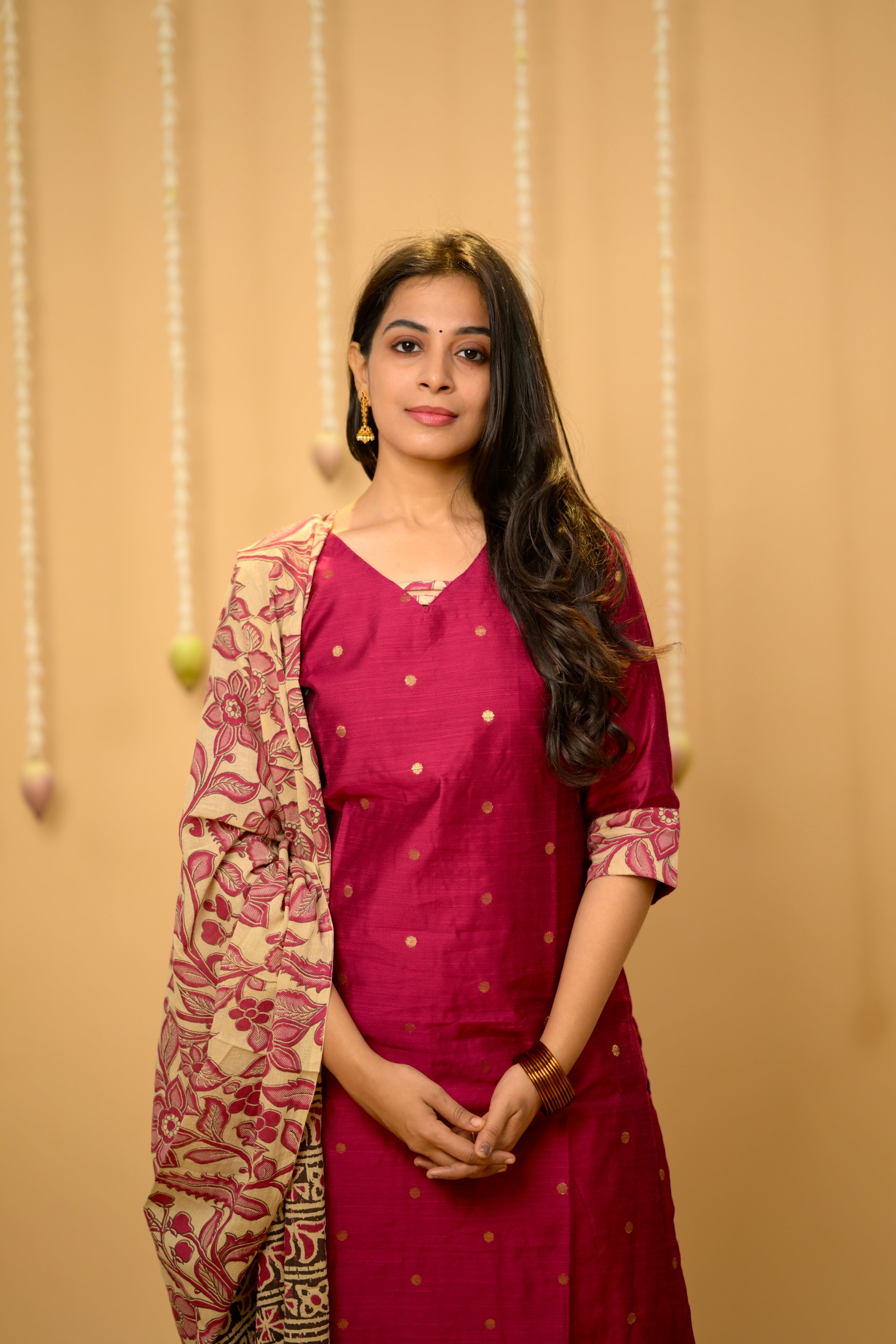 Kothai (pink) - handloom silk by cotton suit set with hand painted kalamkari dupatta in pink