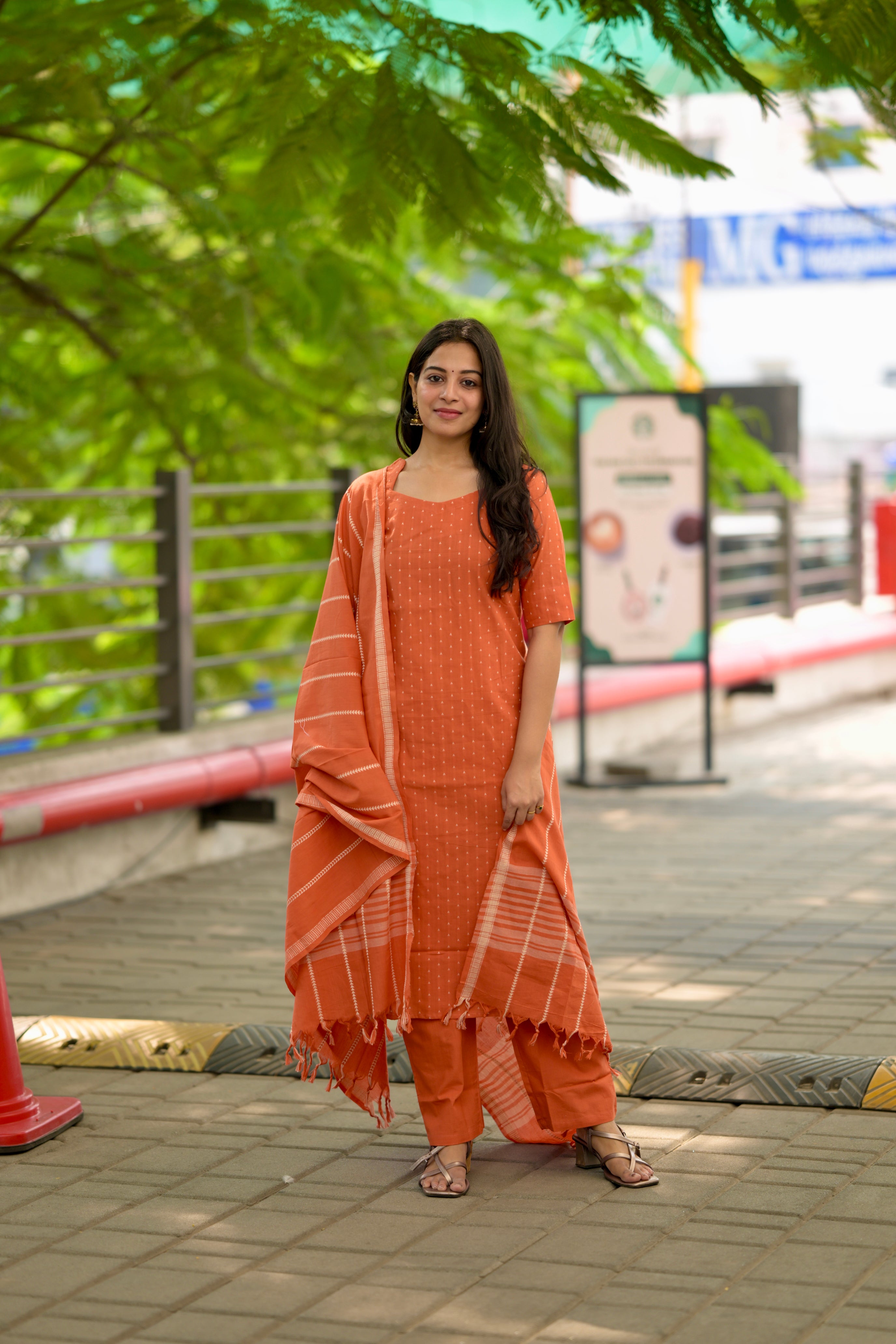 Amala (orange) - handloom cotton suit set in orange colour