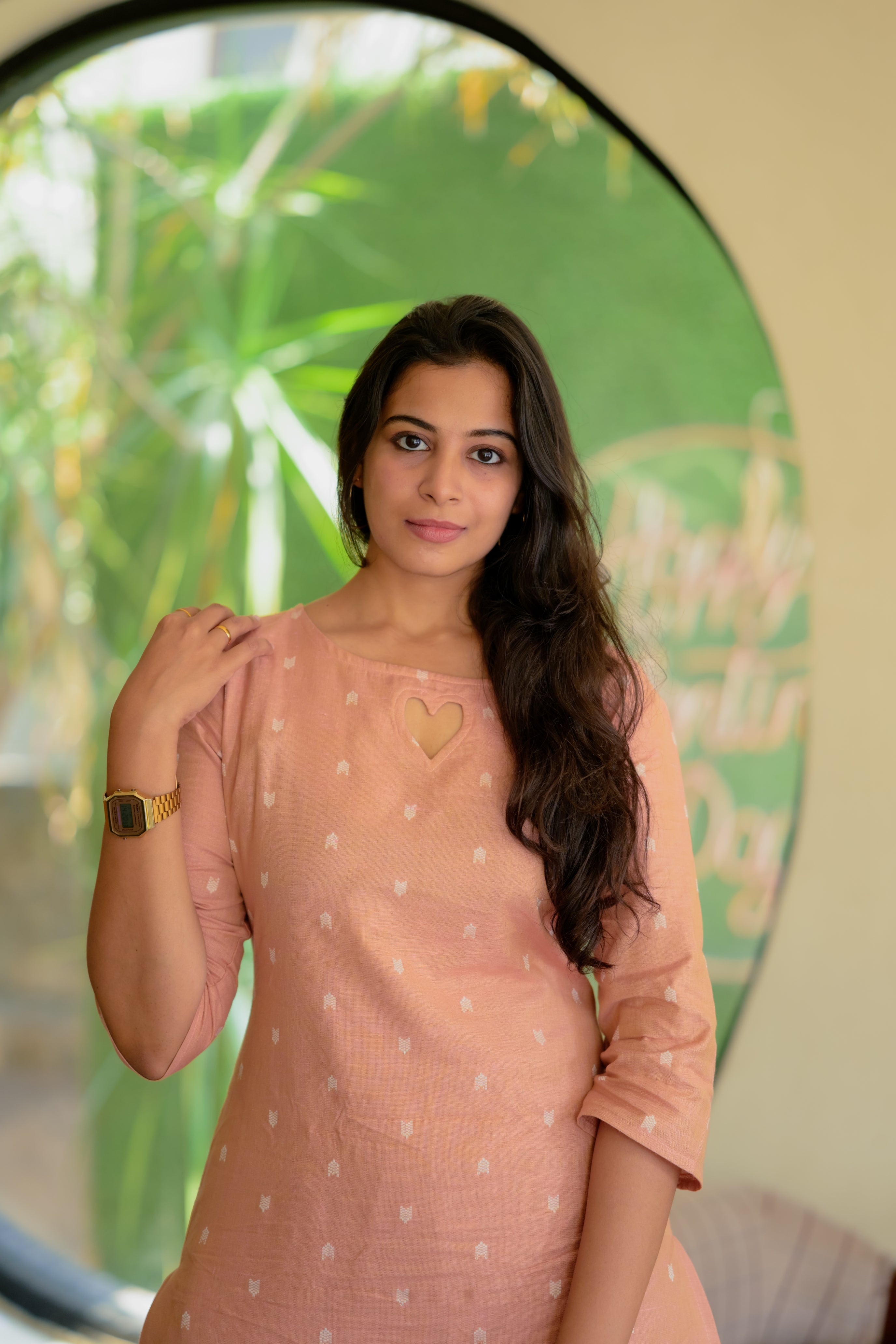 Ina (peach) - handloom linen cotton kurta set in peach