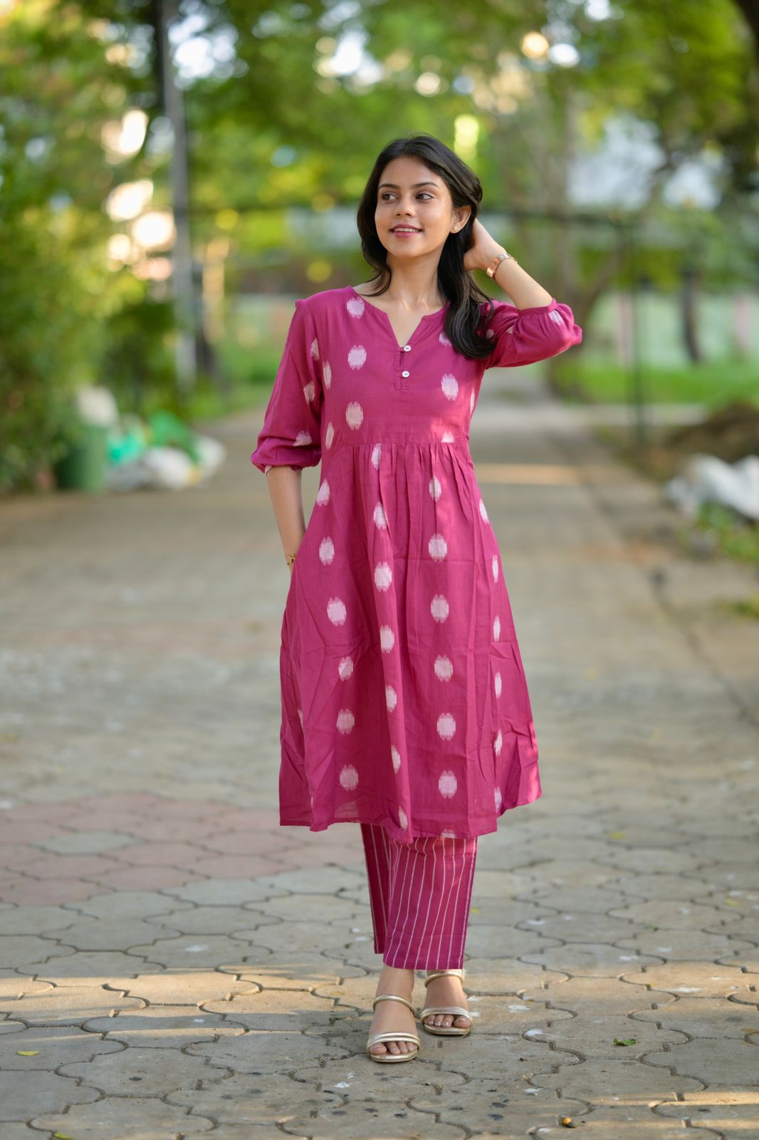 Ruhani Coord Set - polka dot and stripes hand block printed coord set in pink