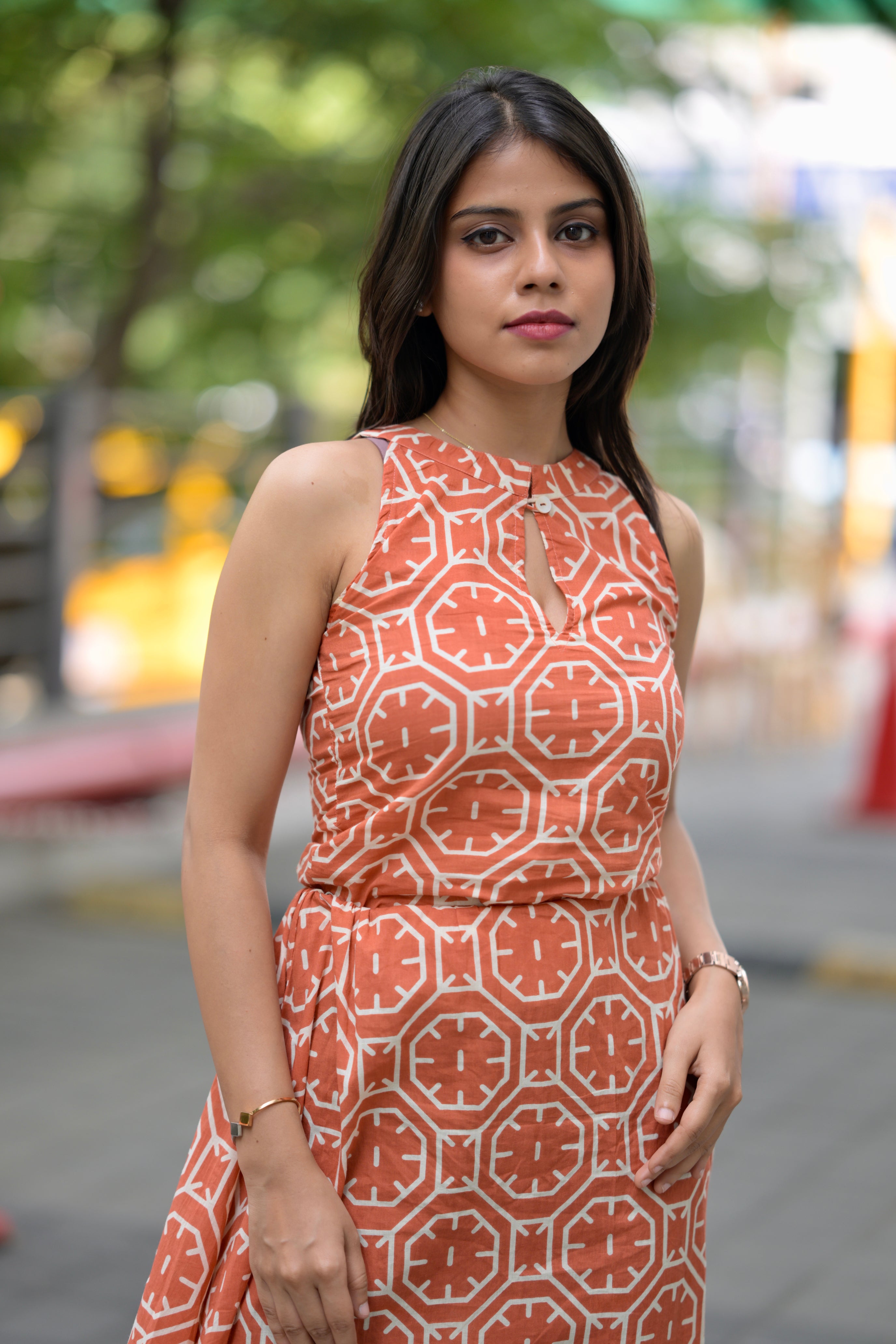 Terracotta bloom skirt co-ord set - halter neck organic cotton skirt set in orange colour