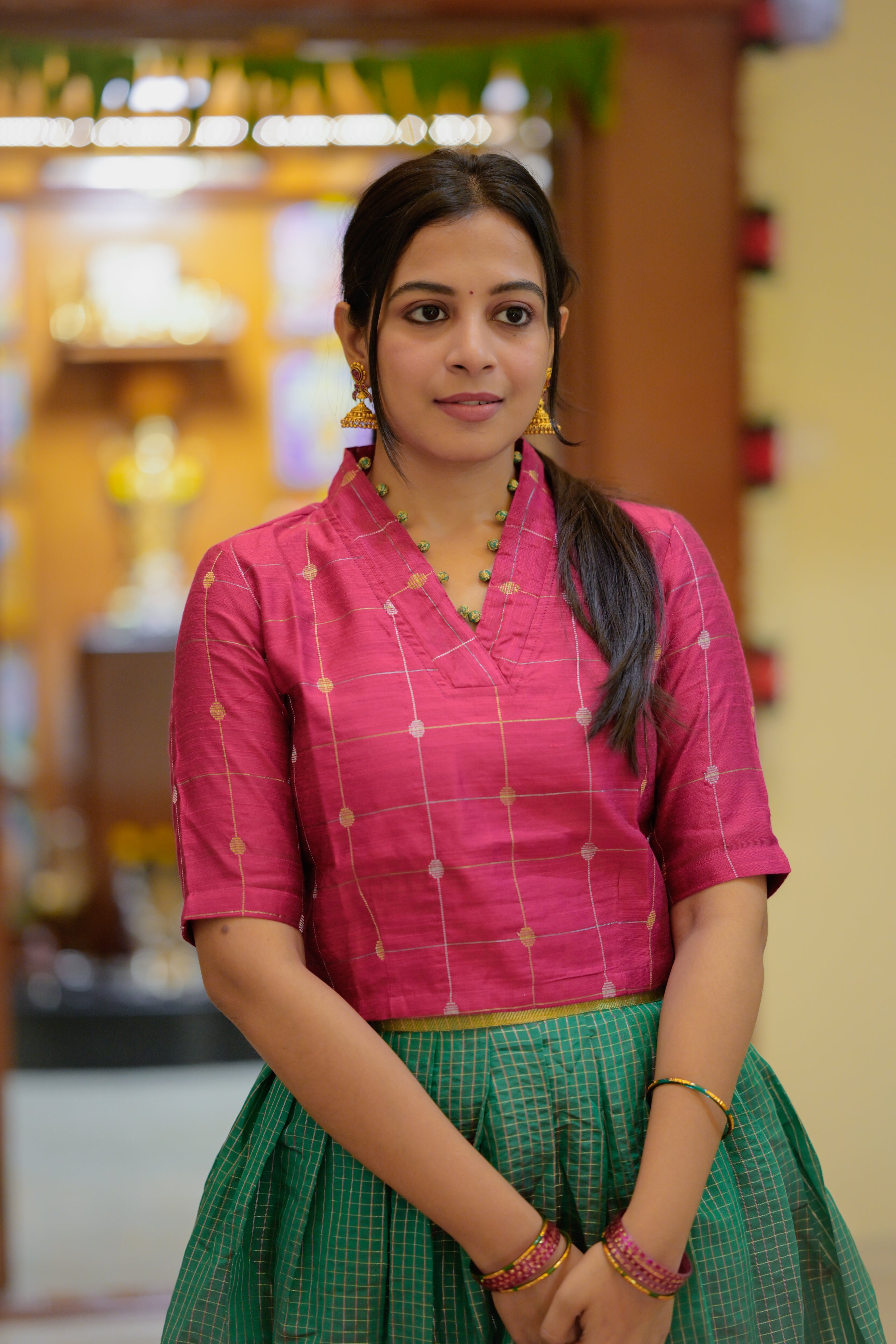 Durga - silk blouse with organza tissue silk skirt set in pink and green
