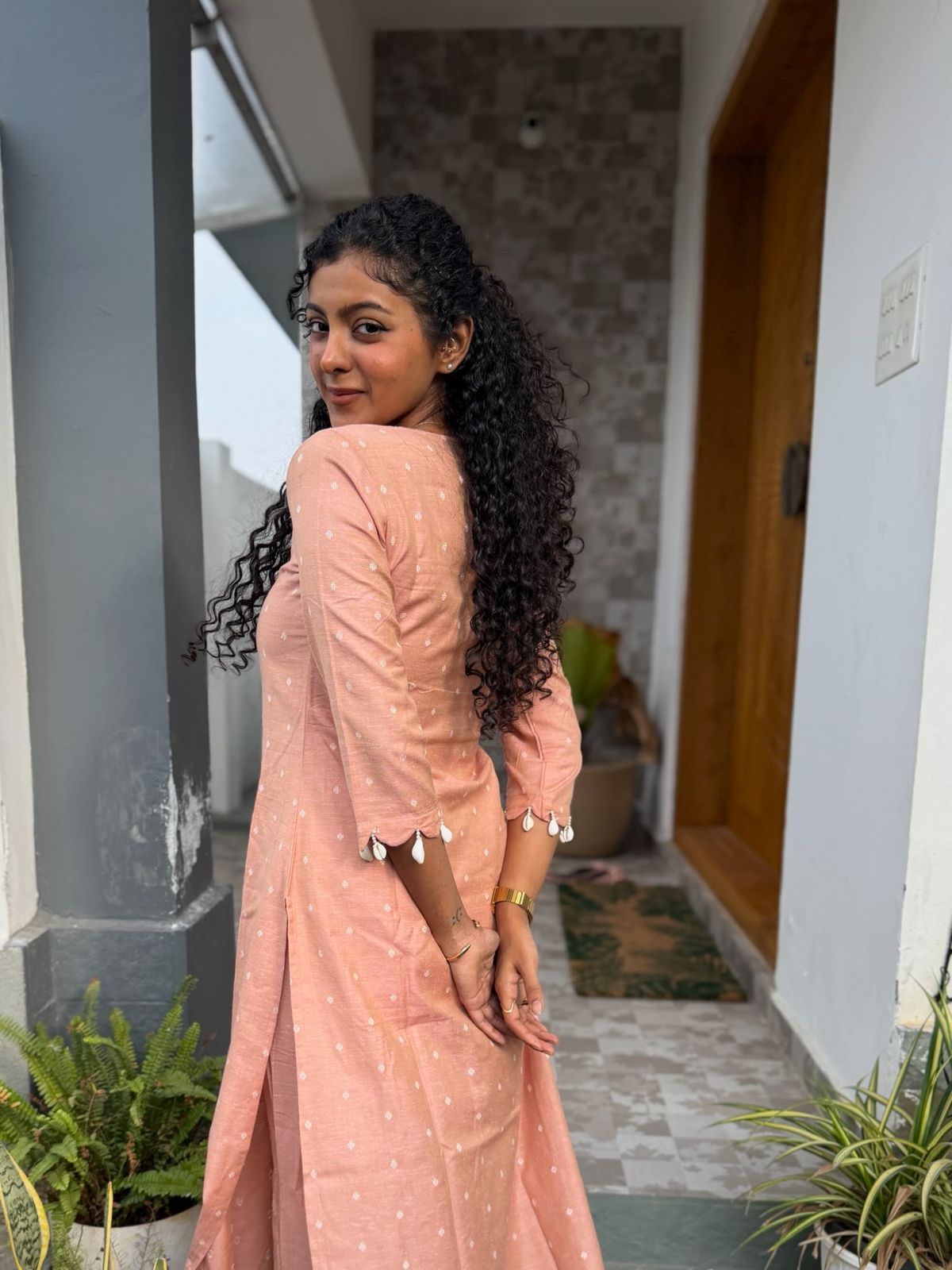 Dipshika - linen cotton flex kurta set in peach colour