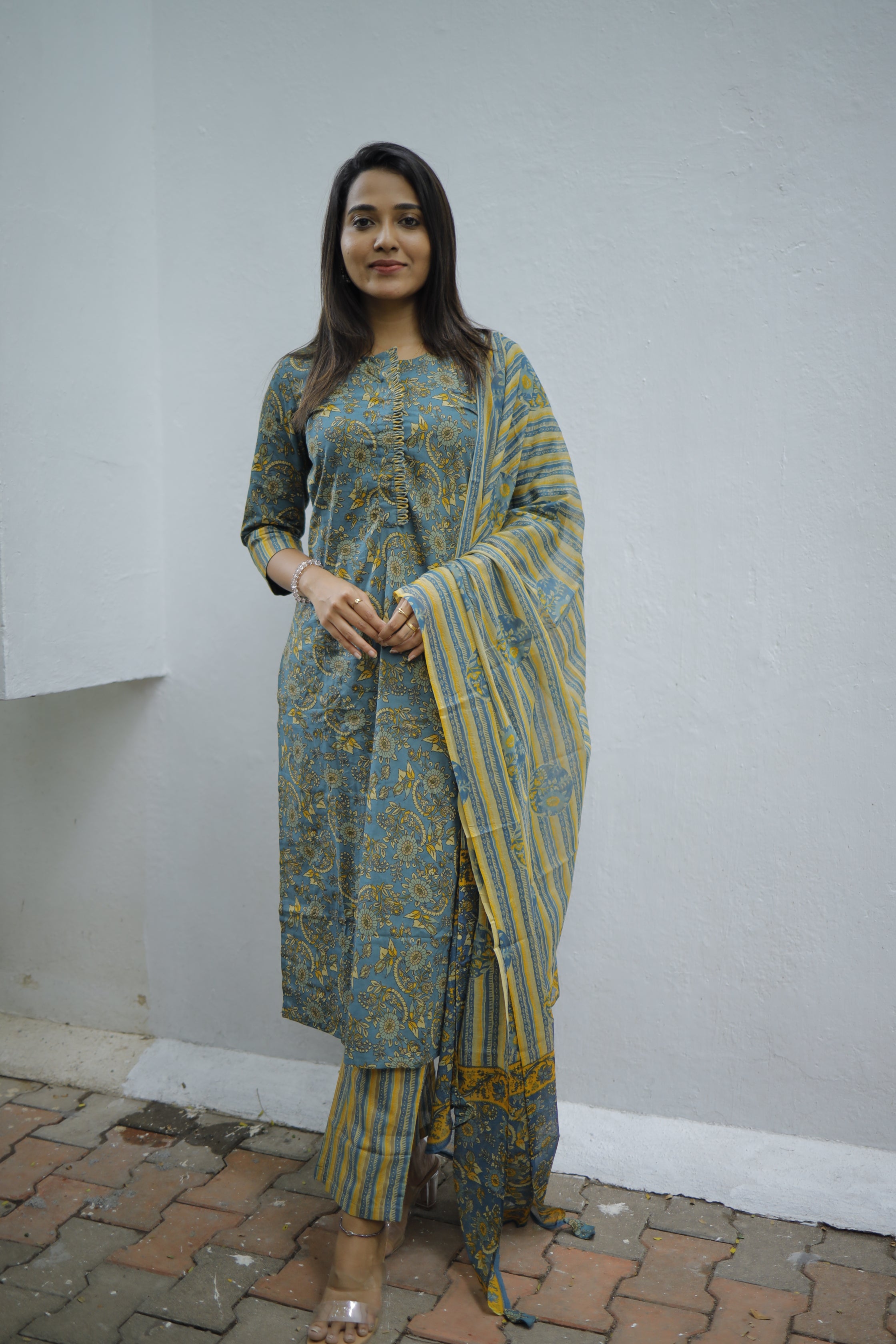 Ekha - jaal hand block printed cotton suit set in blue & yellow