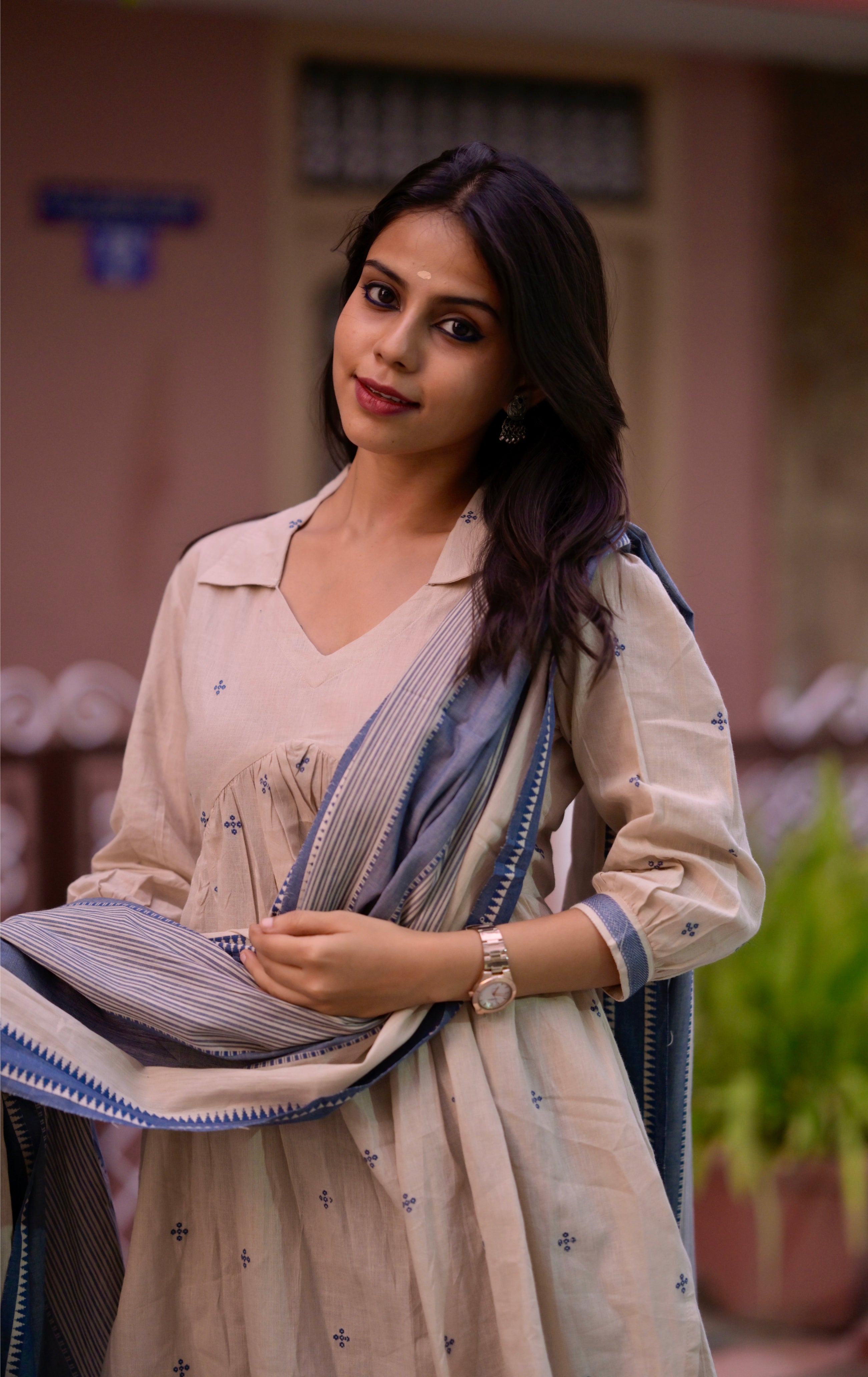 Yashasvi ( blue) - handloom linen cotton suit set in cream and blue