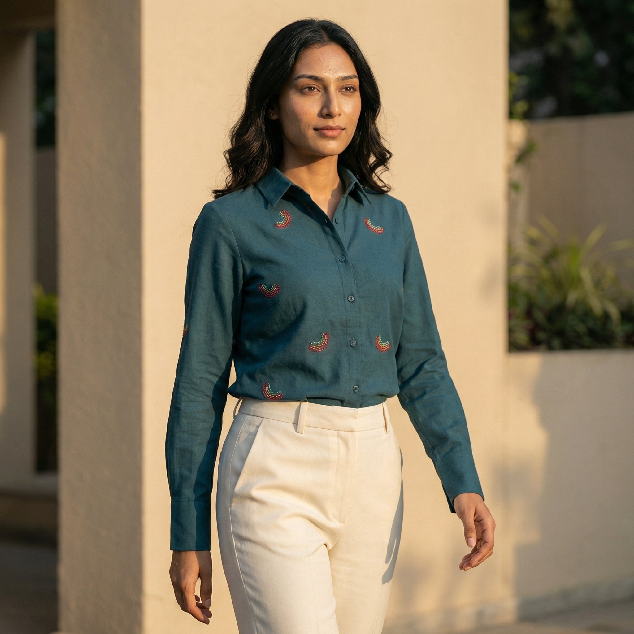 Embroidery shirt 3-   Rainbow hand embroidered organic cotton shirt in teal blue
