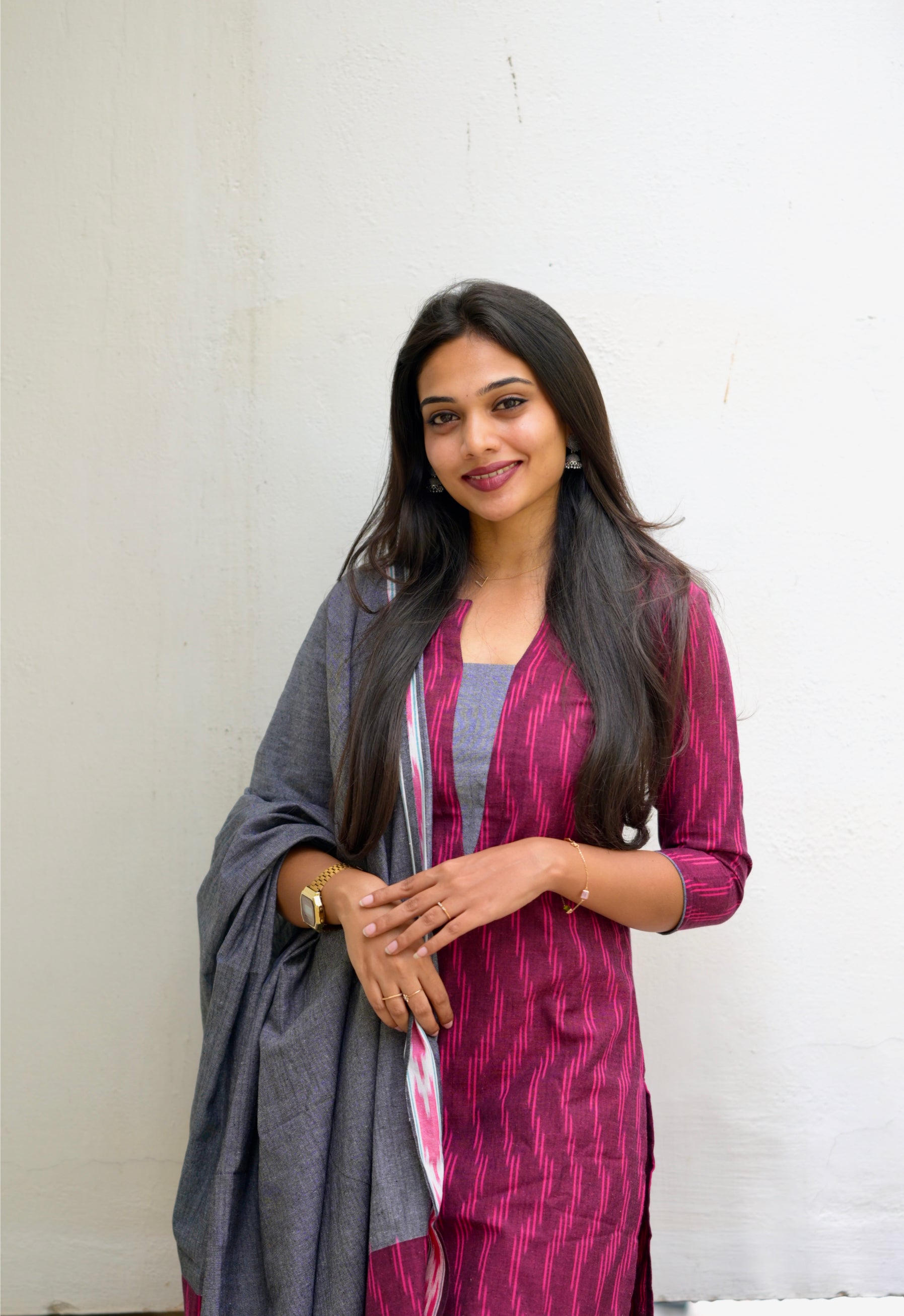 Tulsi(wine) -  pochampally ikkat handloom cotton suit set in wine