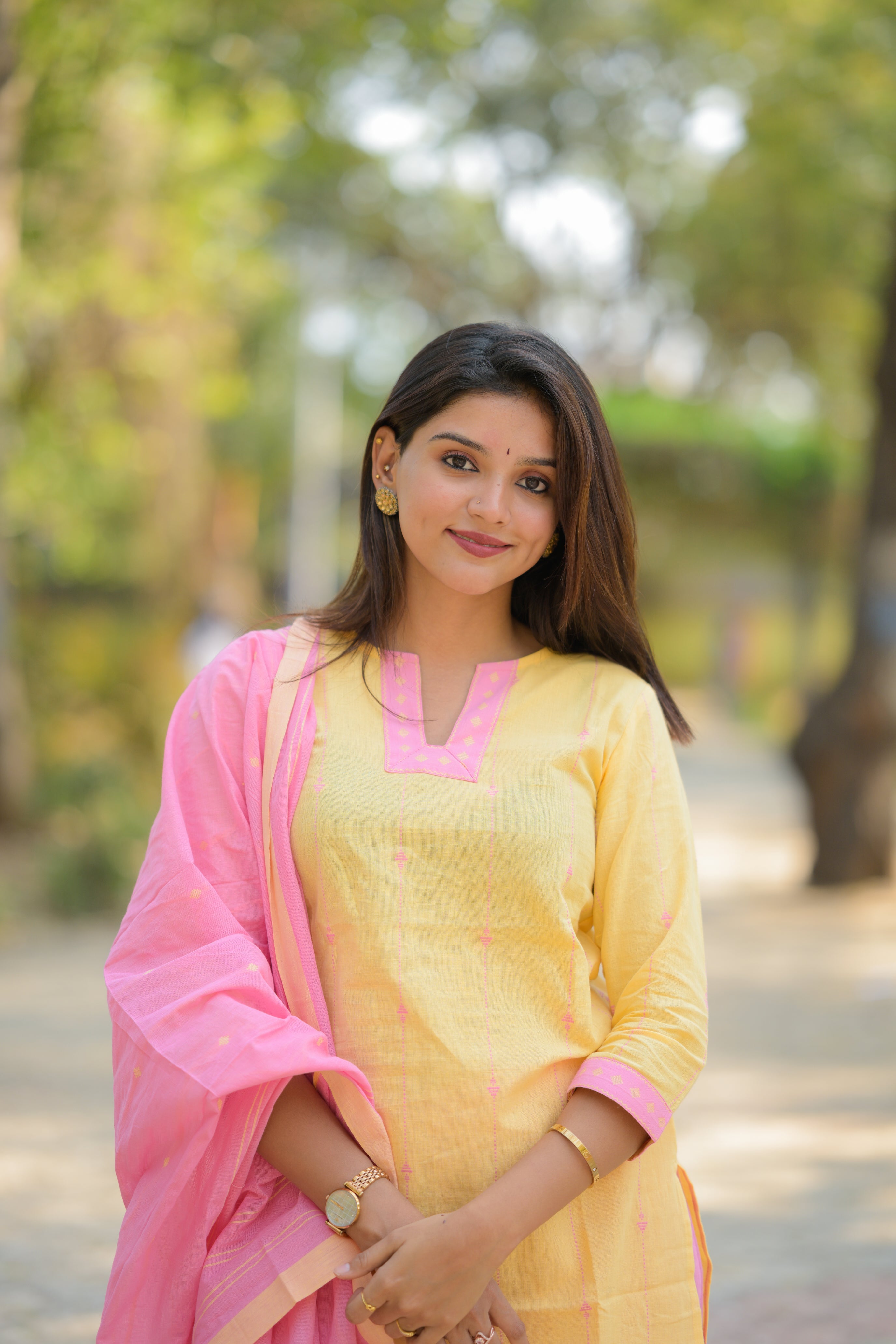 Tripti ( yellow ) - handloom cotton suit set in yellow & pink