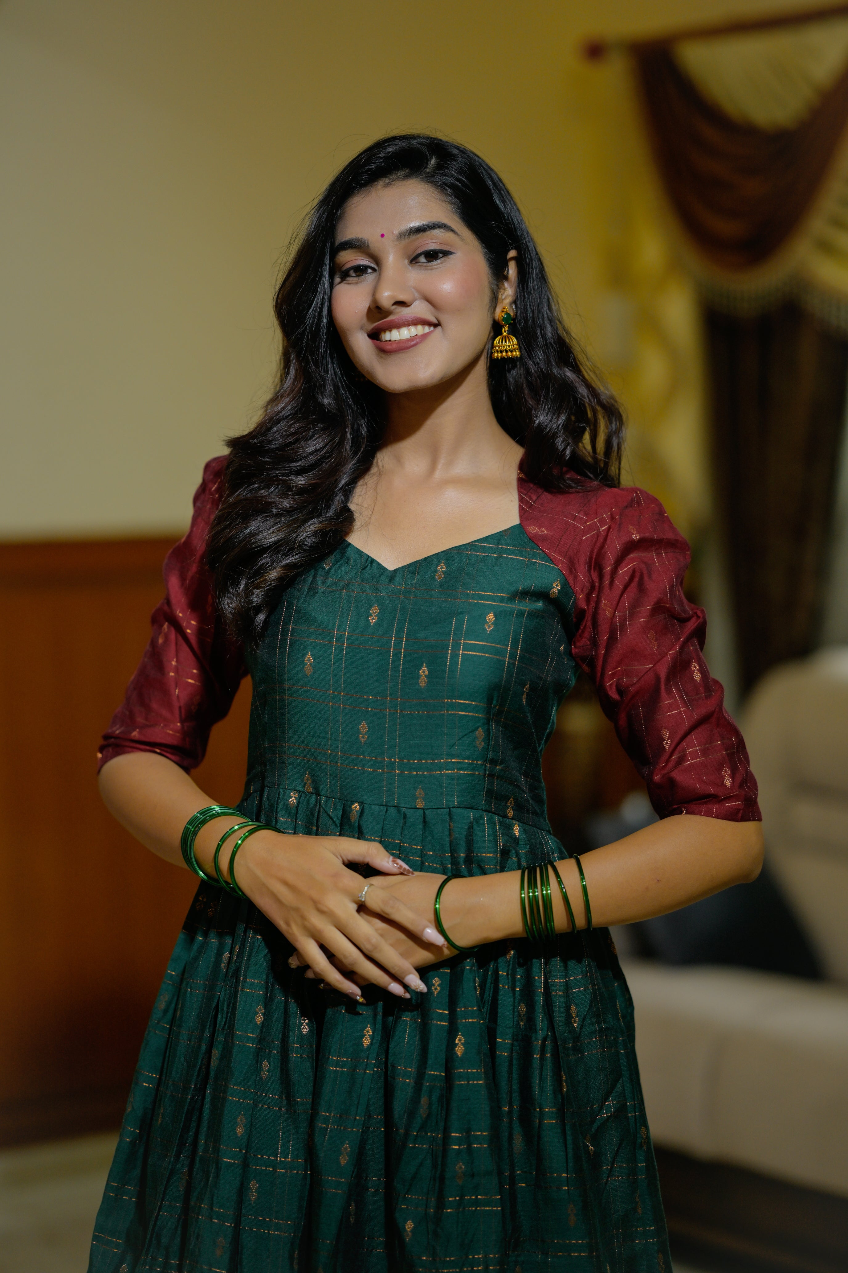 Mahalakshmi ( gown) - slub art silk gown in green and maroon