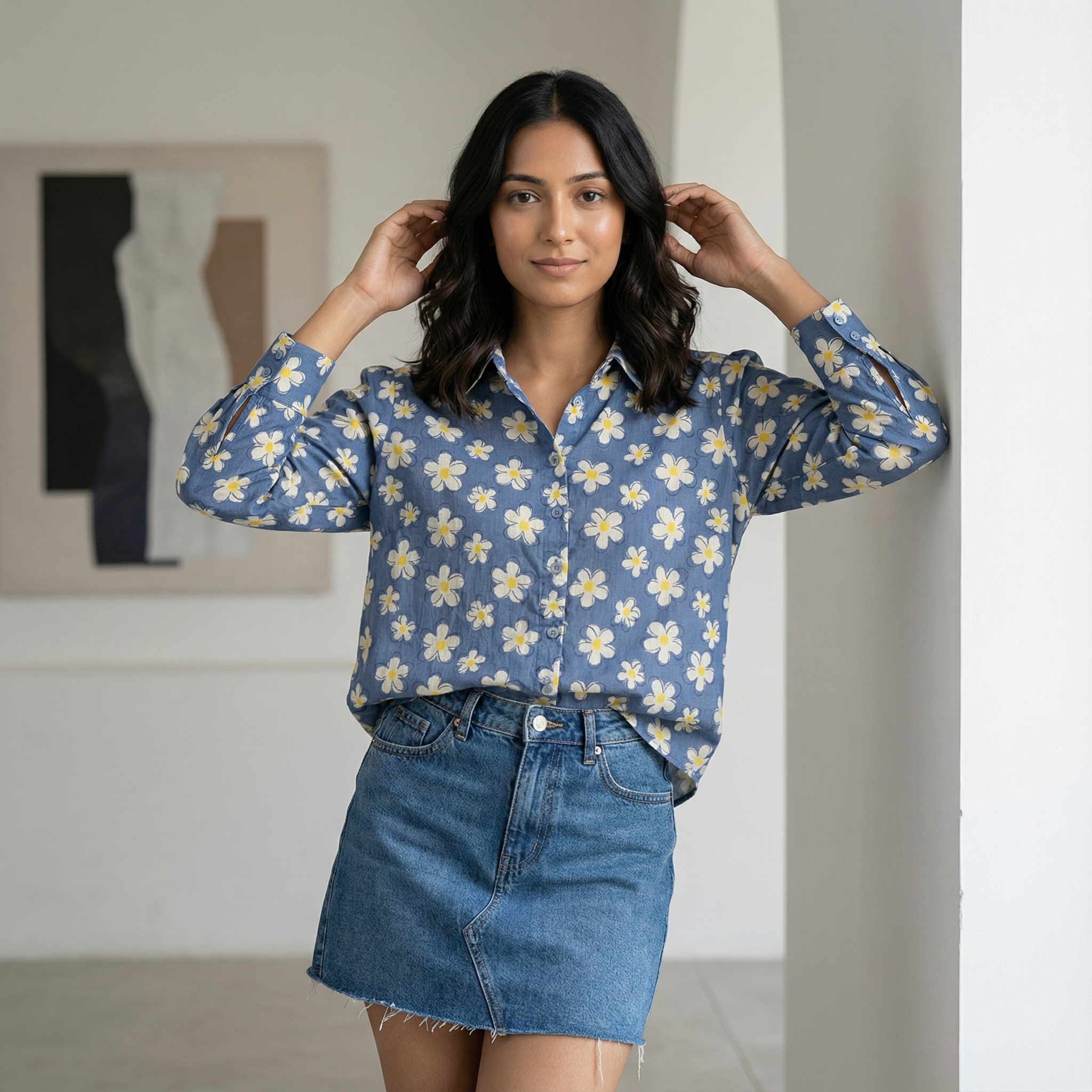 Women's shirt 7 - floral silhouette printed organic cotton shirt in grey colour