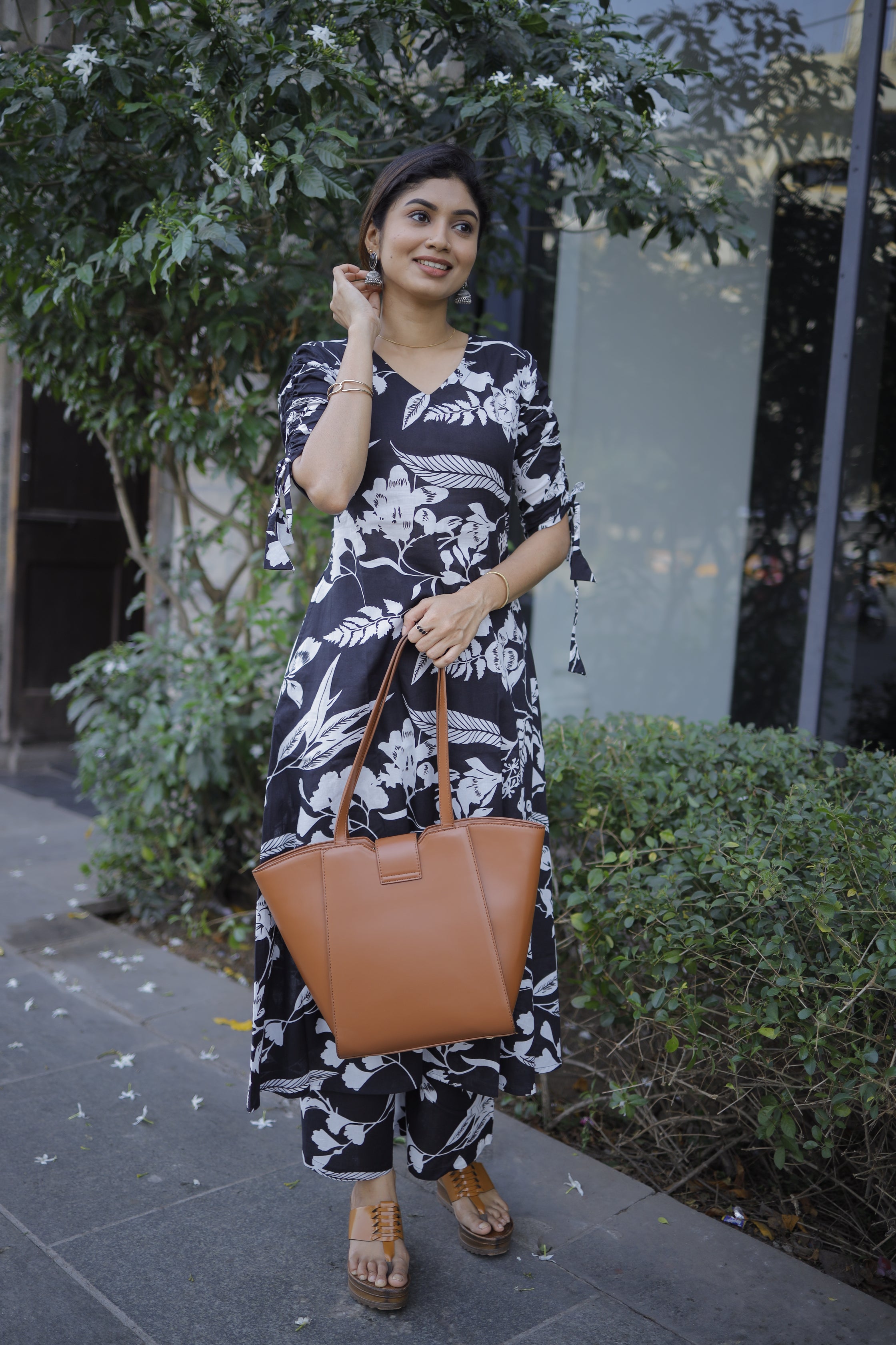 Mehuli (black & white)coord set - Floral hand block printed cotton coord set