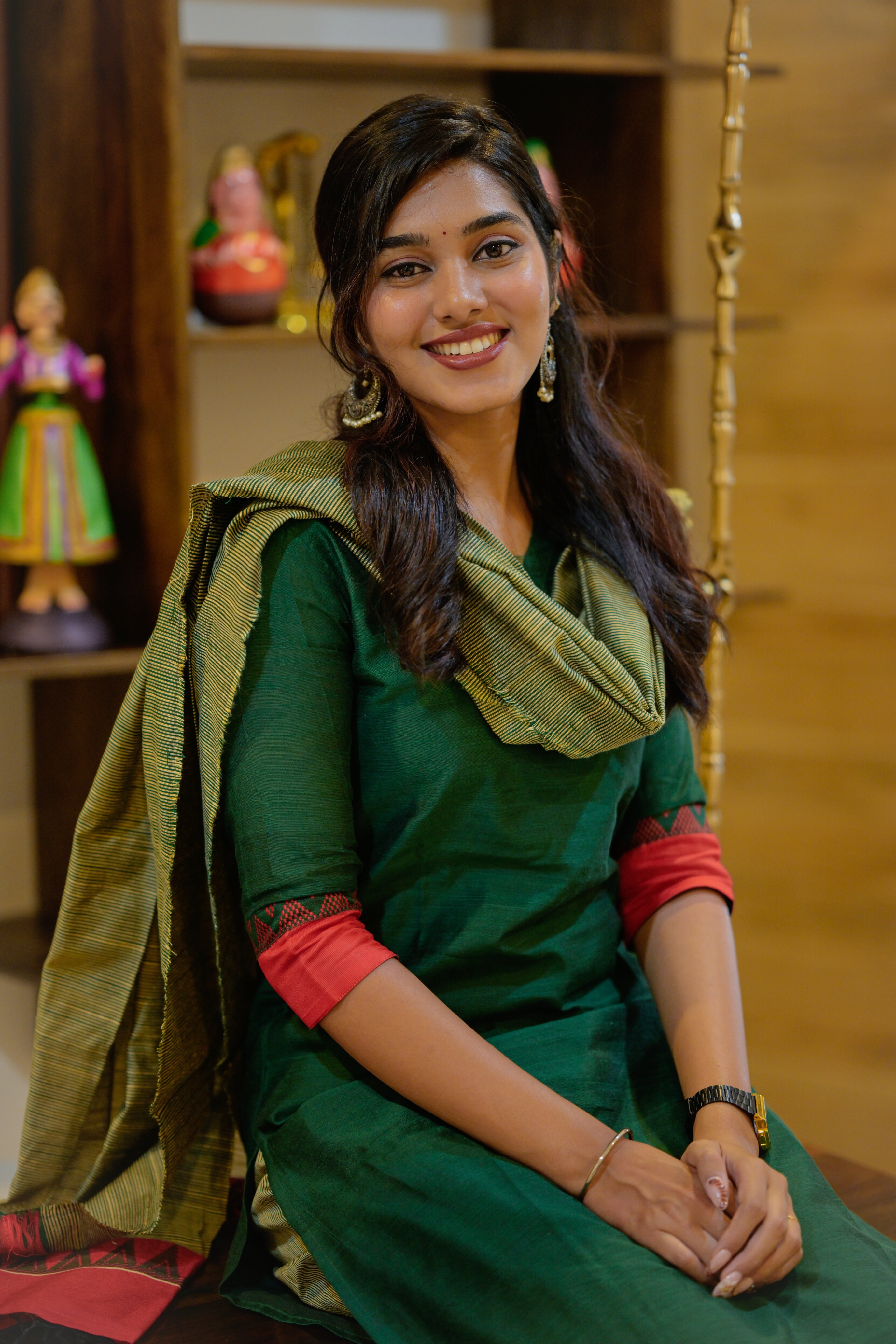 Arpudha (green) - chanderi silk suit with temple border in green and red