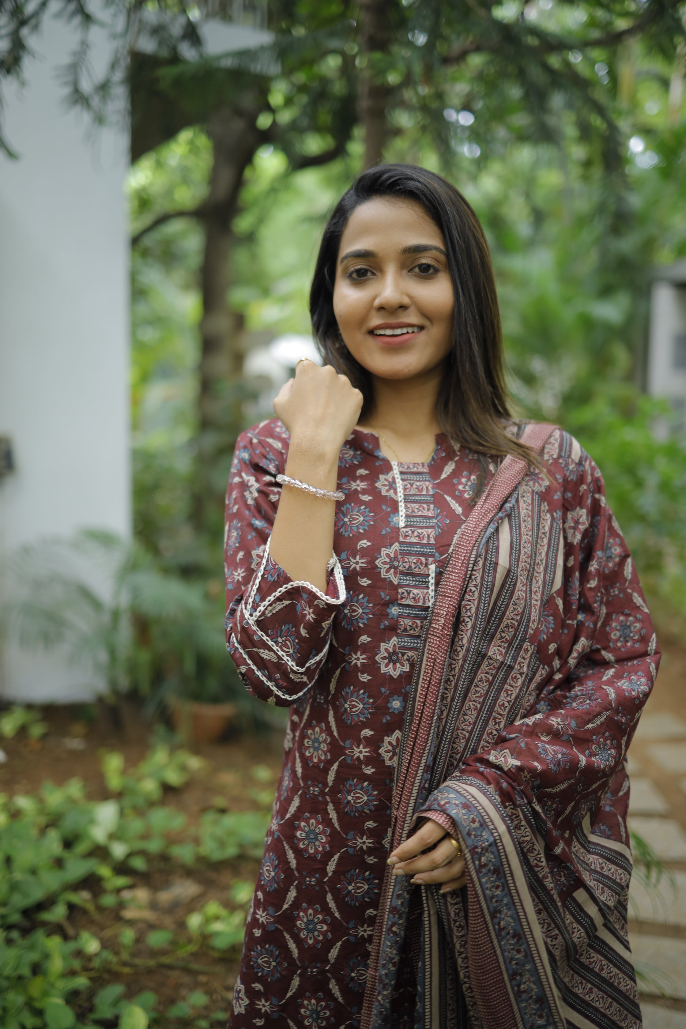 Hiranya - jaal hand block printed cotton suit set in wine colour