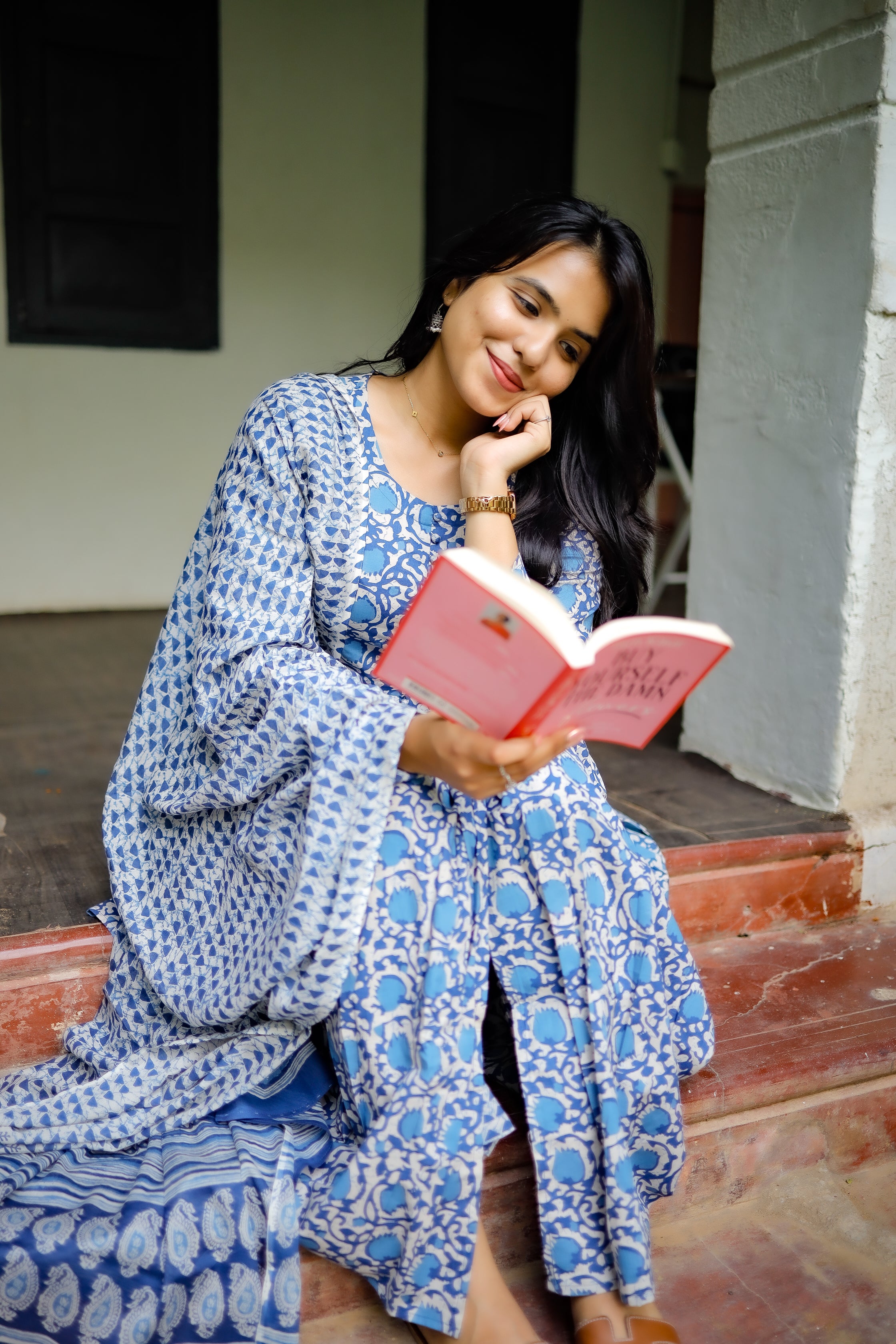 Neelaya - organic cotton anarkali suit set in white and blue