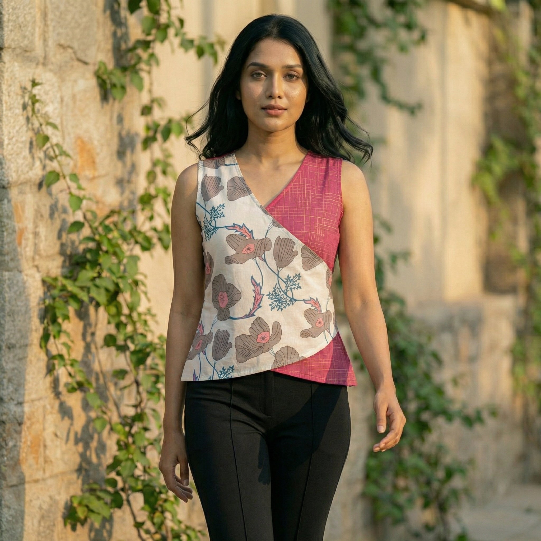 Crop top #65- handloom  organic cotton top in pink & white