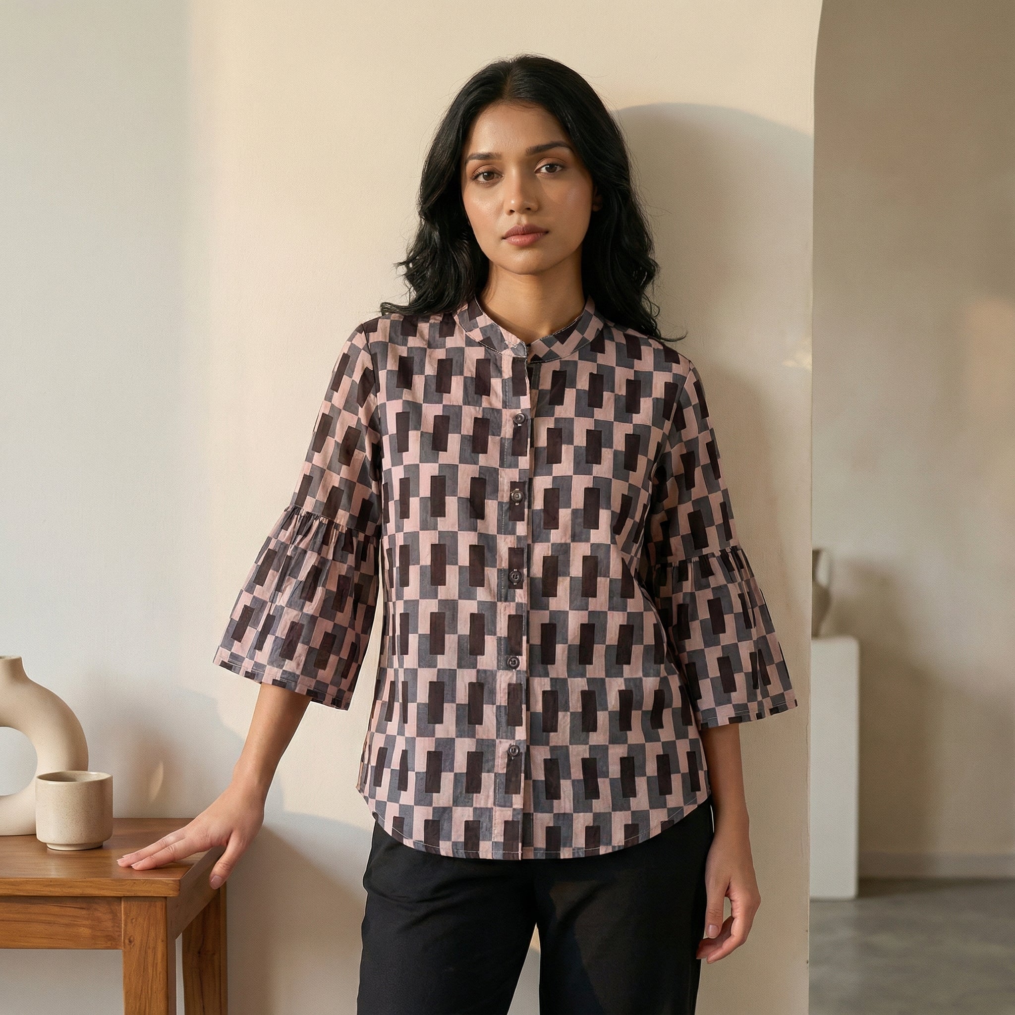 Women's shirt 24- Abstract printed organic cotton shirt in black