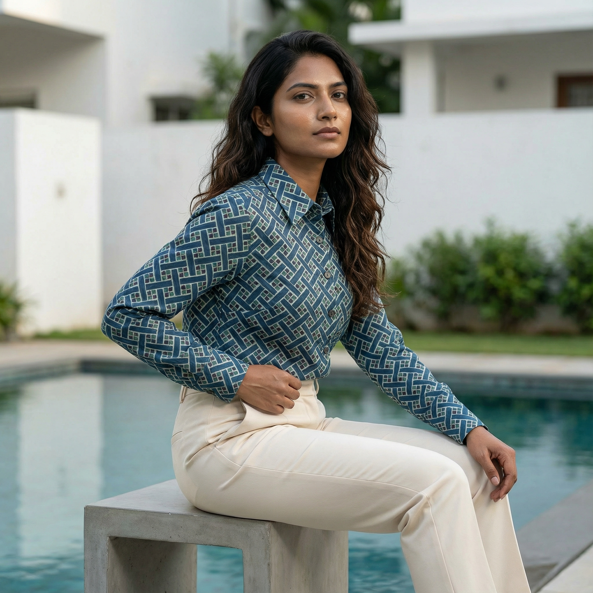 Women's shirt 14- Abstract printed organic cotton shirt in blue