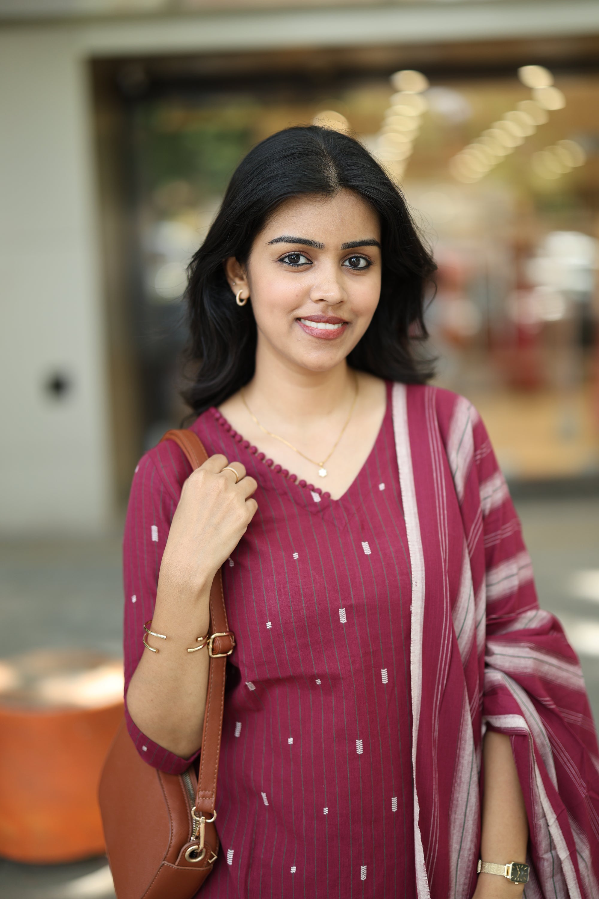 Moumitha - handloom cotton suit set in dark maroon colour