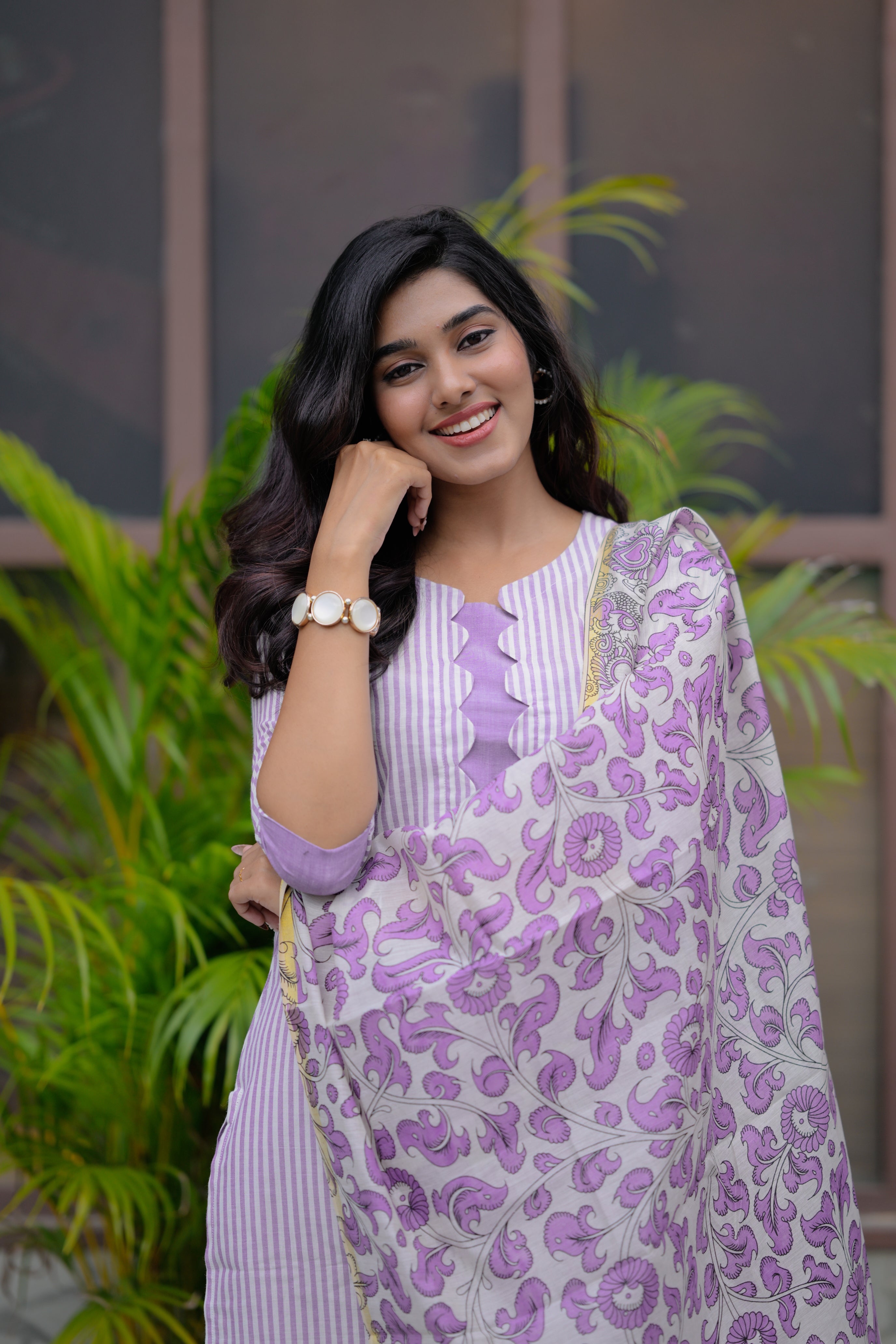 Barkavi ( purple ) - handloom cotton suit set with pen kalamkari dupatta in purple