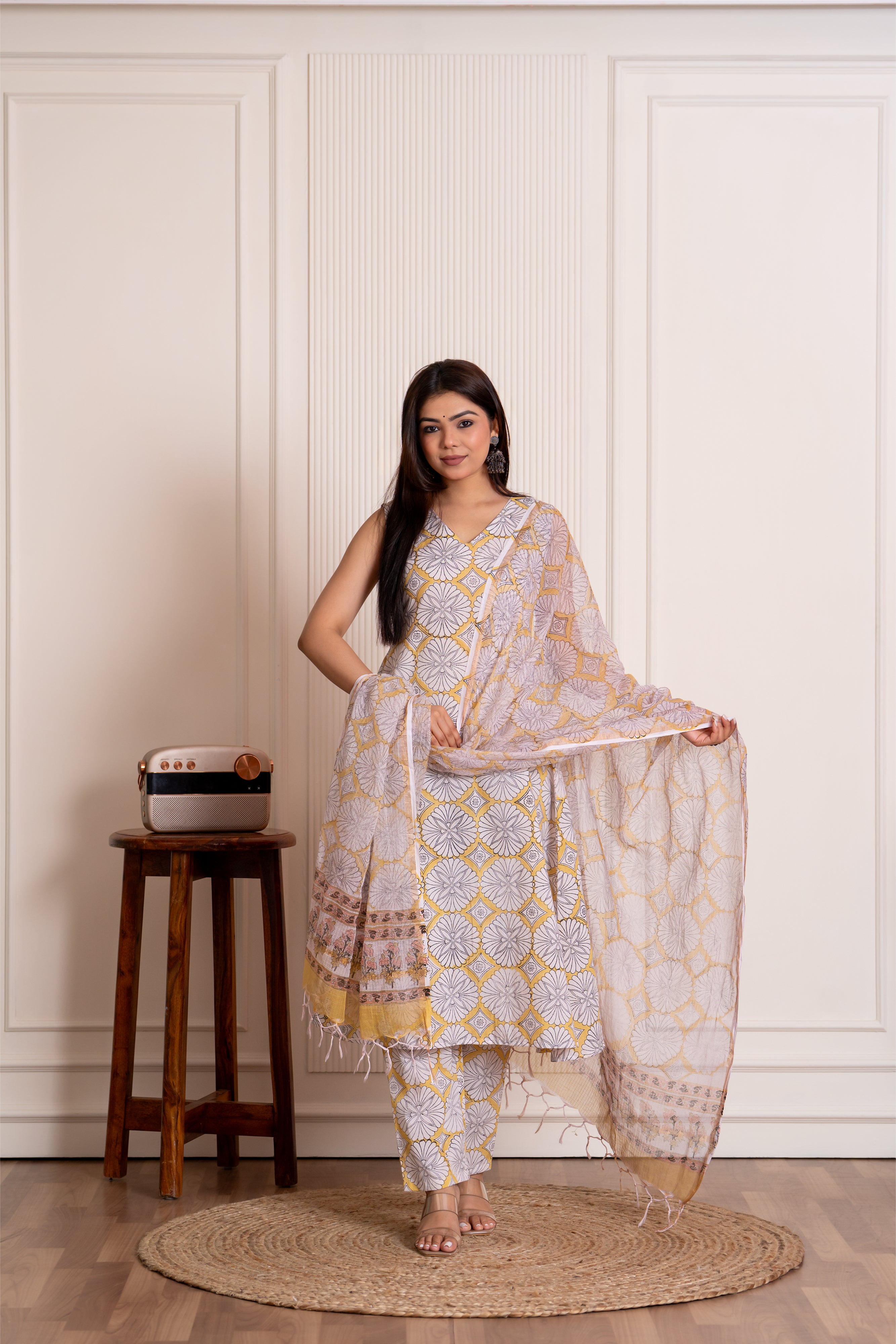 Aaravi - mandala hand block printed cotton suit set with kota doria dupatta in yellow