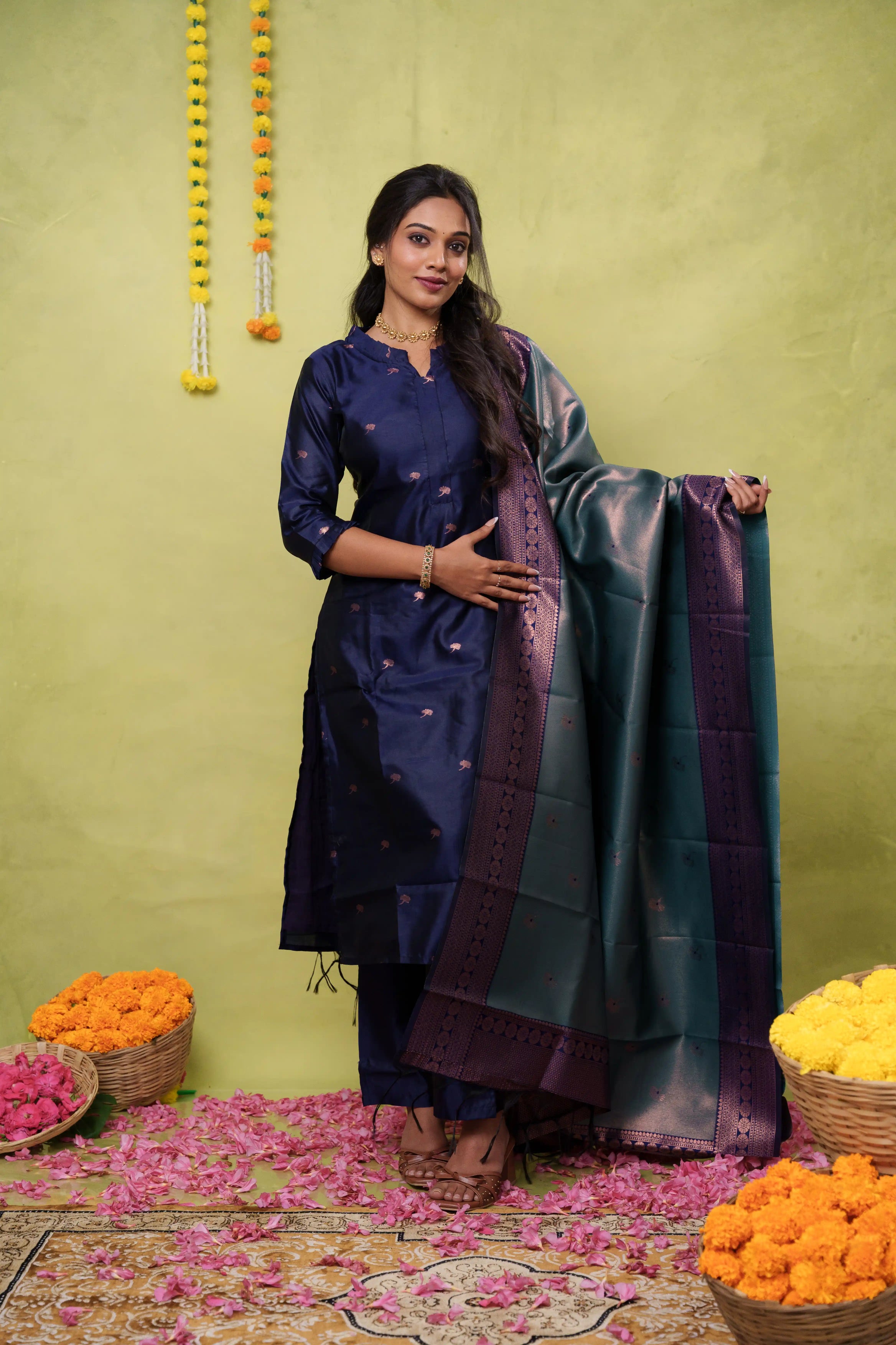 Vaishnavi (blue ) - dark blue vegan silk suit with metallic blue dupatta with blue border