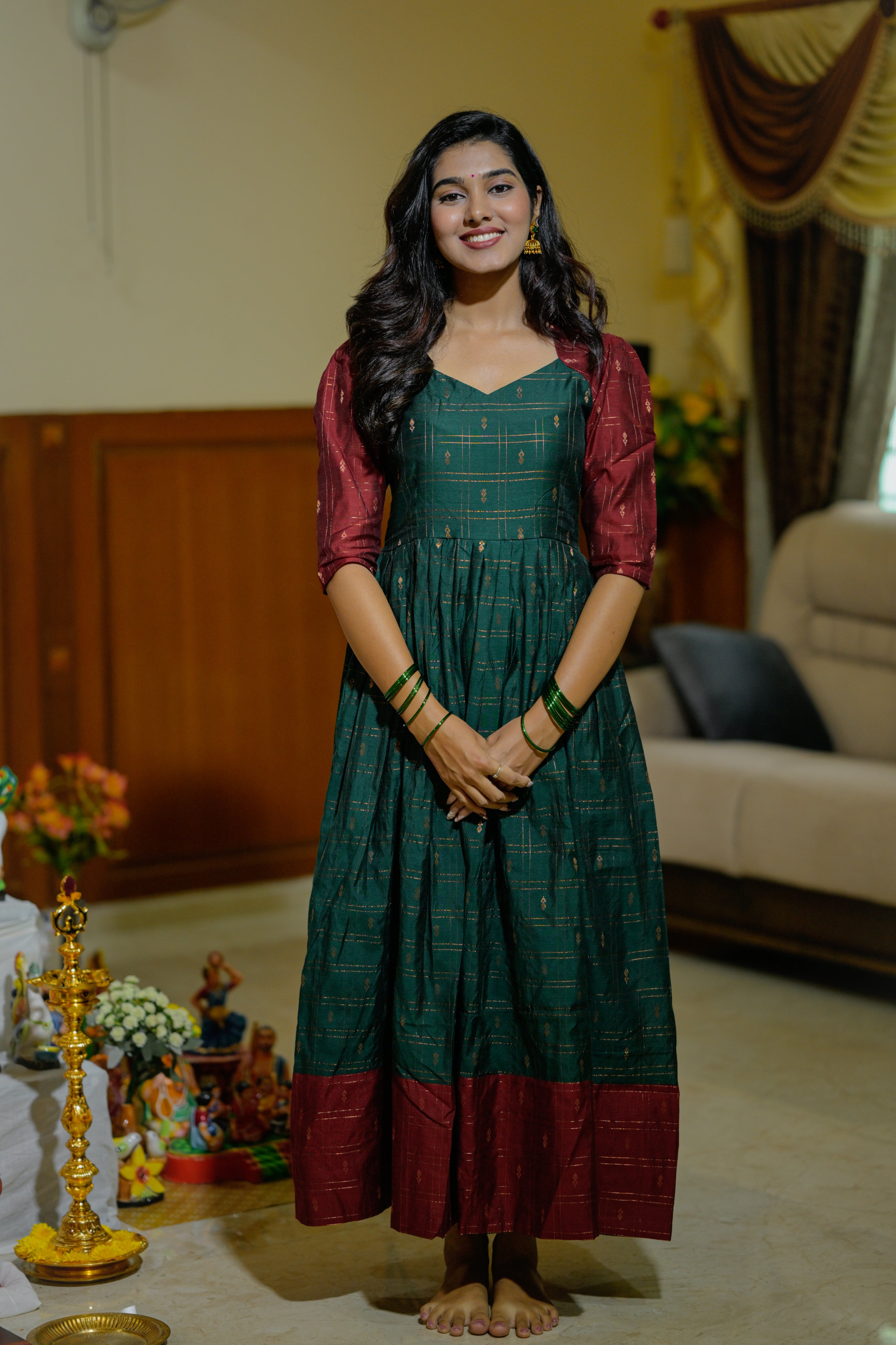 Mahalakshmi ( gown) - slub art silk gown in green and maroon
