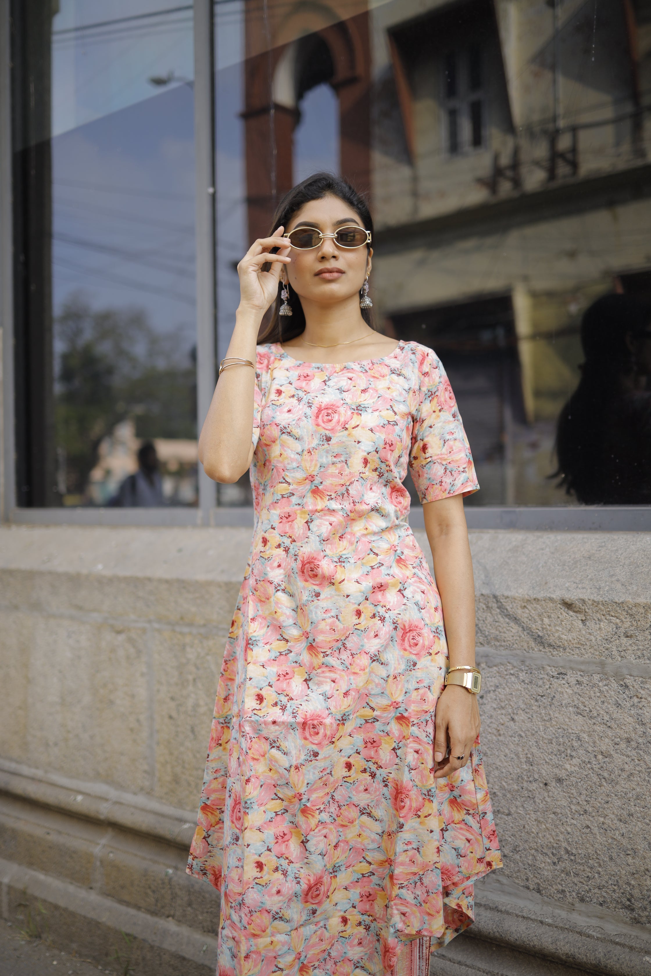 Shreenitha - peach floral brush painted cotton kurta set