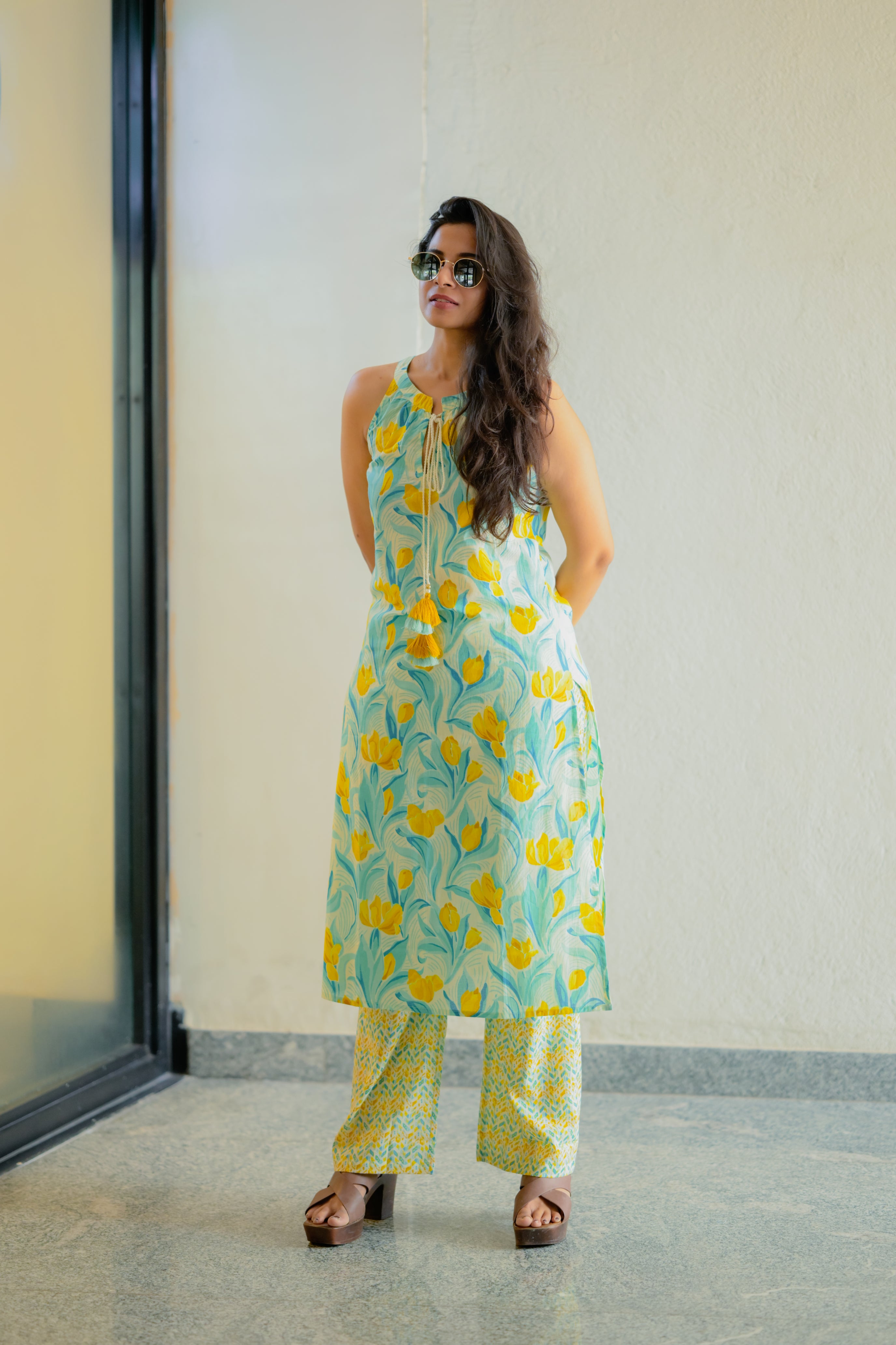 Jia - multi colour floral halter neck floral organic cotton kurta set