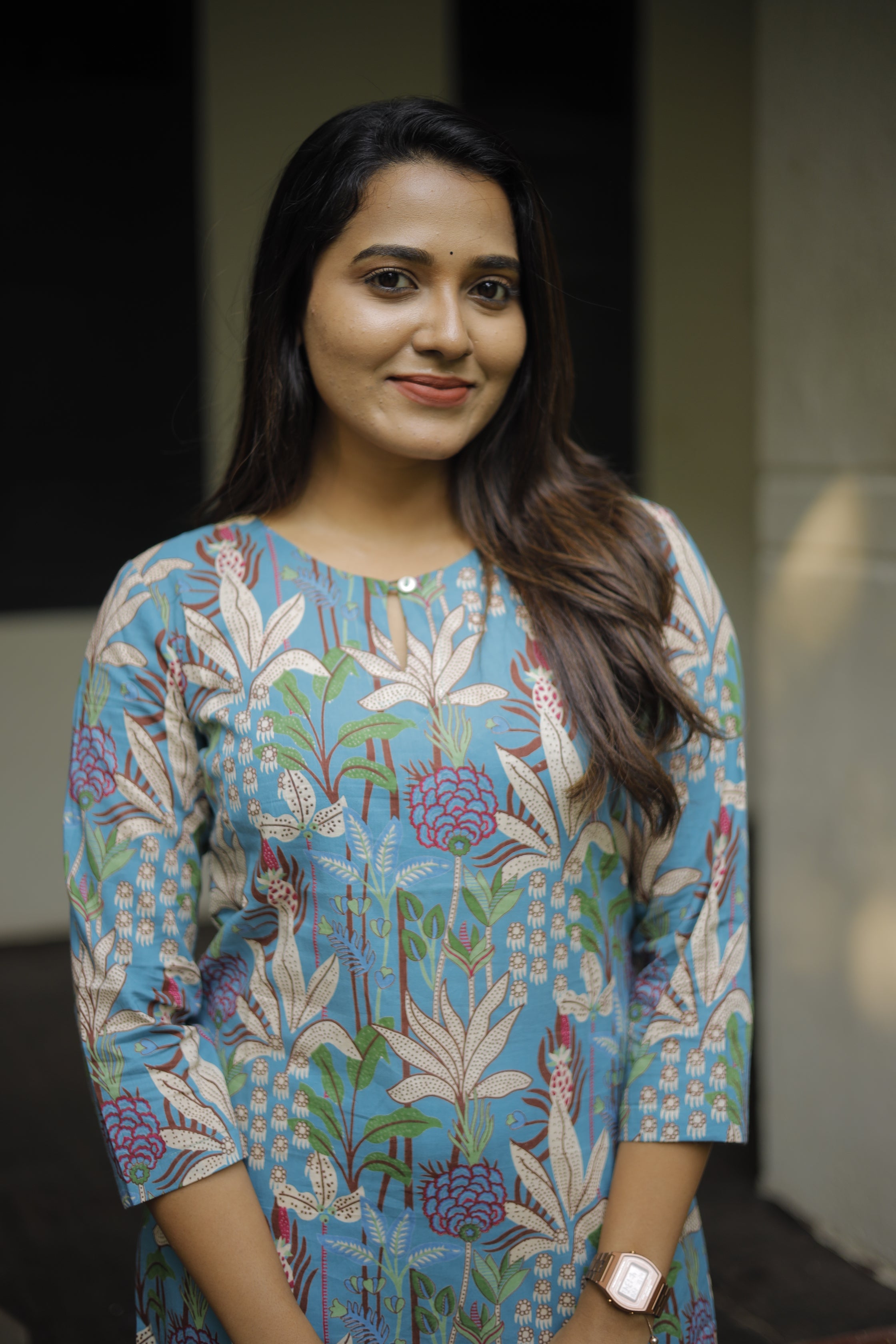 Kurti -123- abstract floral printed cotton kurti in sky blue