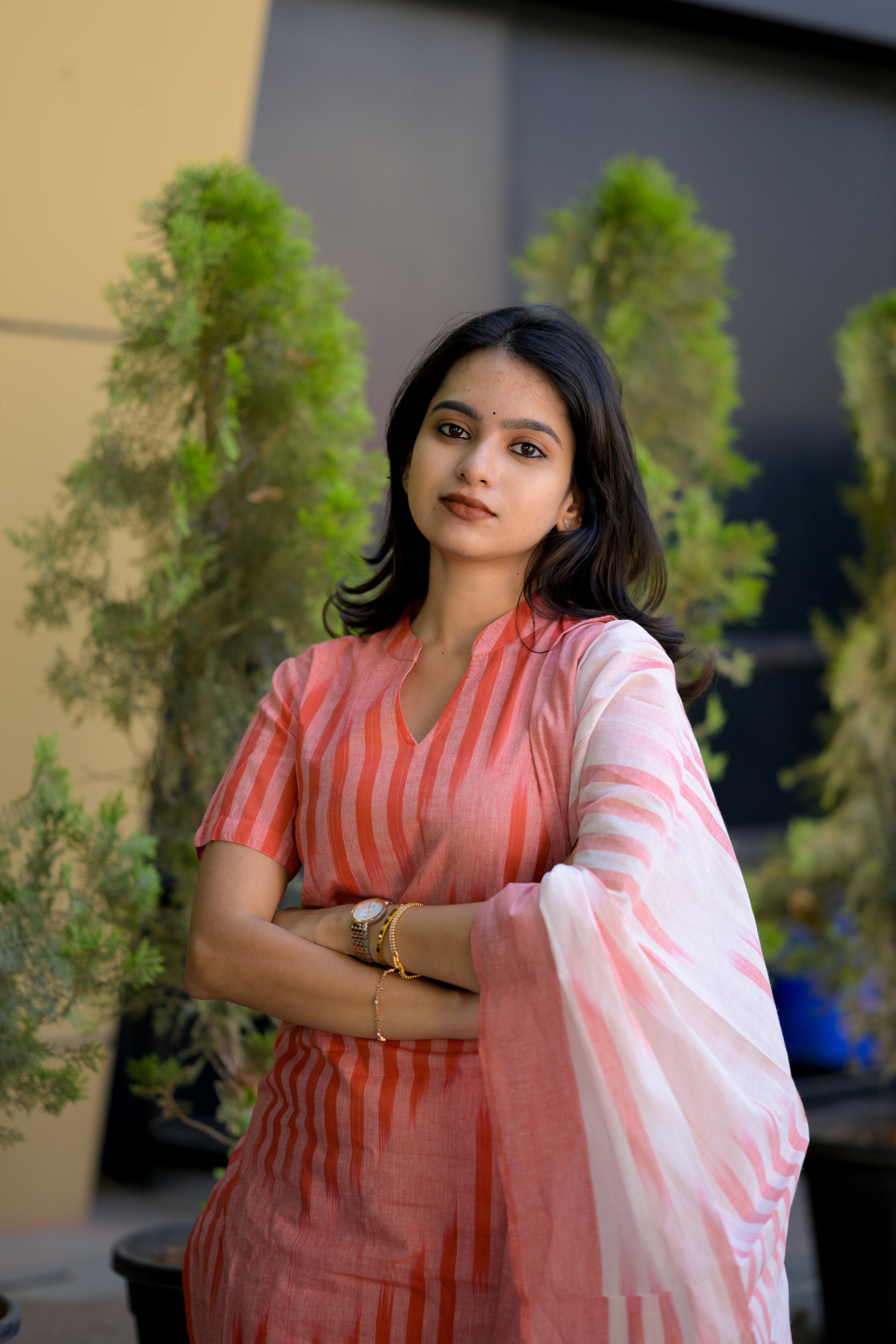 Thendral ( peach ) - ikkat handloom cotton suit set with dupatta in peach colour