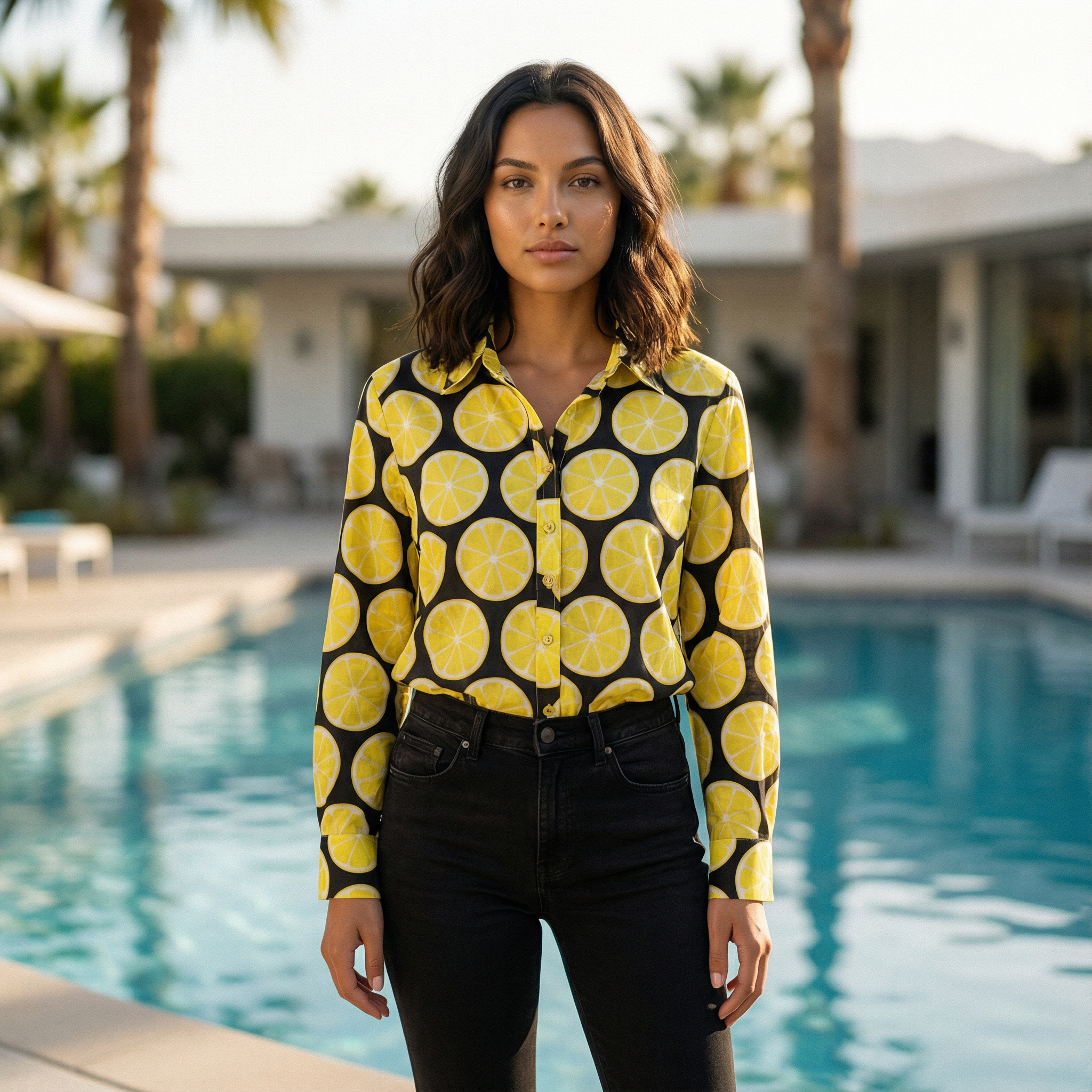 Women's shirt 2 - lemon printed cotton shirt in black and yellow
