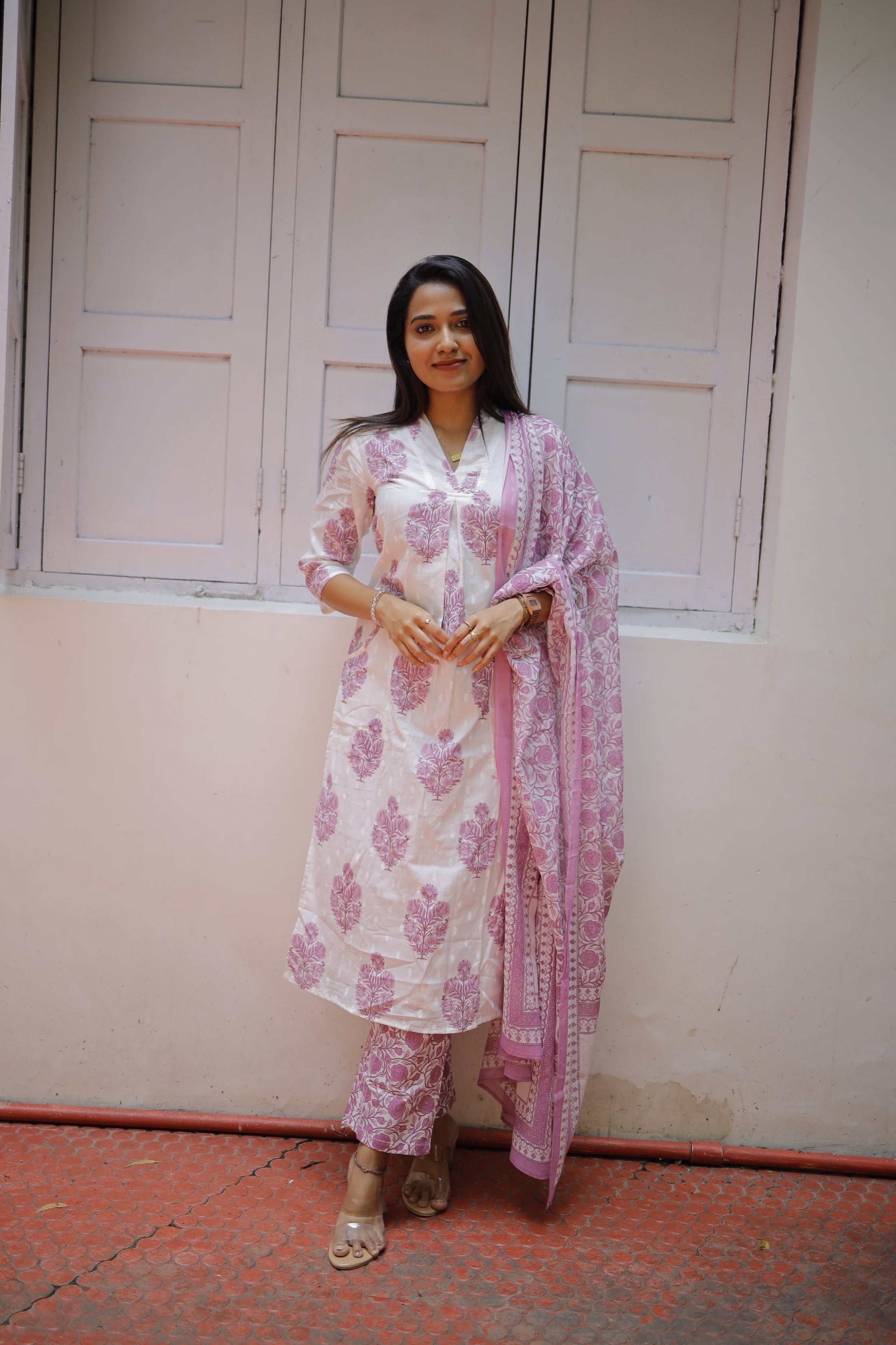 Madhavi - mughal printed organic cotton suit set in white and purple&nbsp;