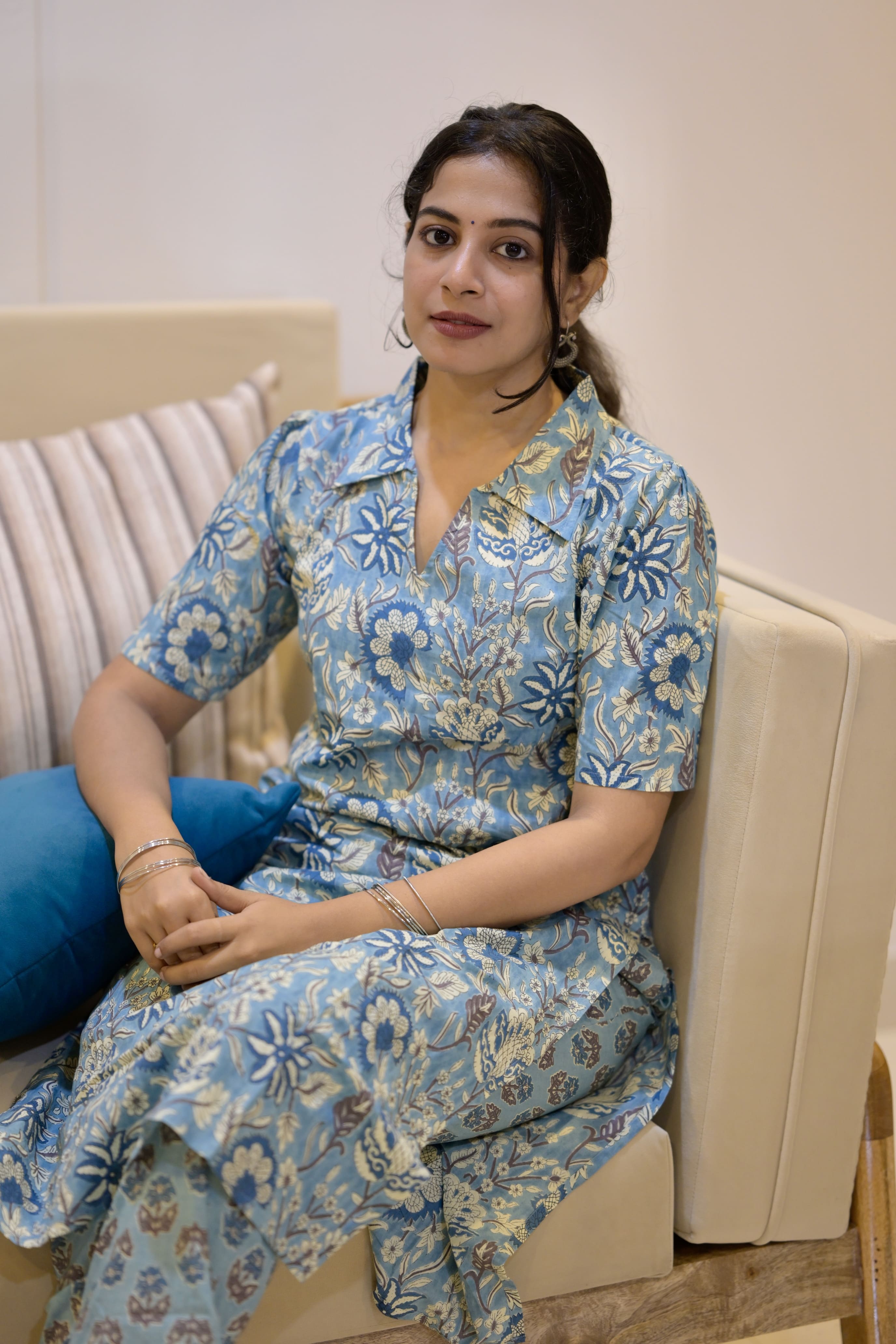 Vaanya - jaal hand block printed cotton kurta set in sky blue colour