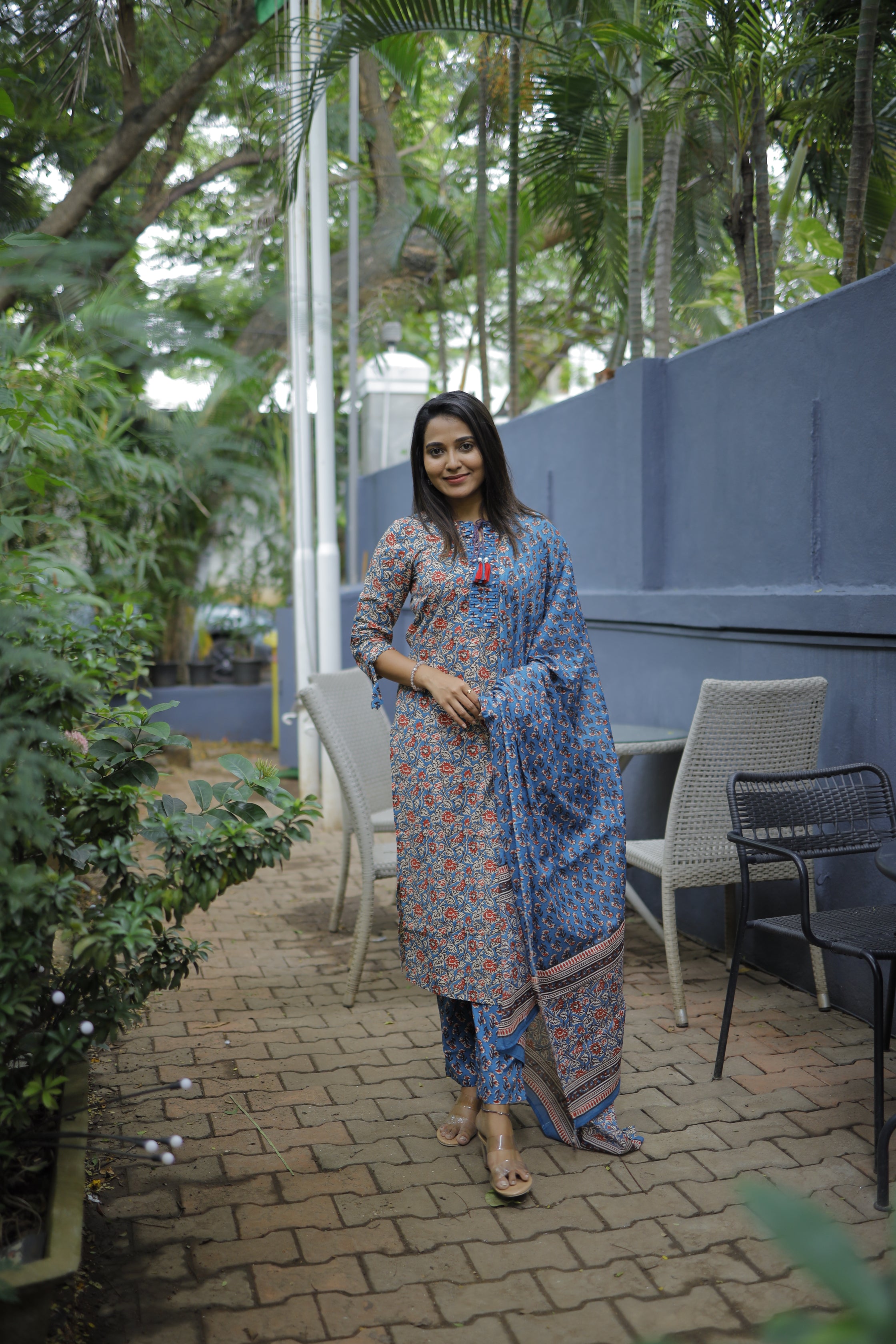 Pragya - jaal printed cotton suit set in blue & red with chiffon dupatta