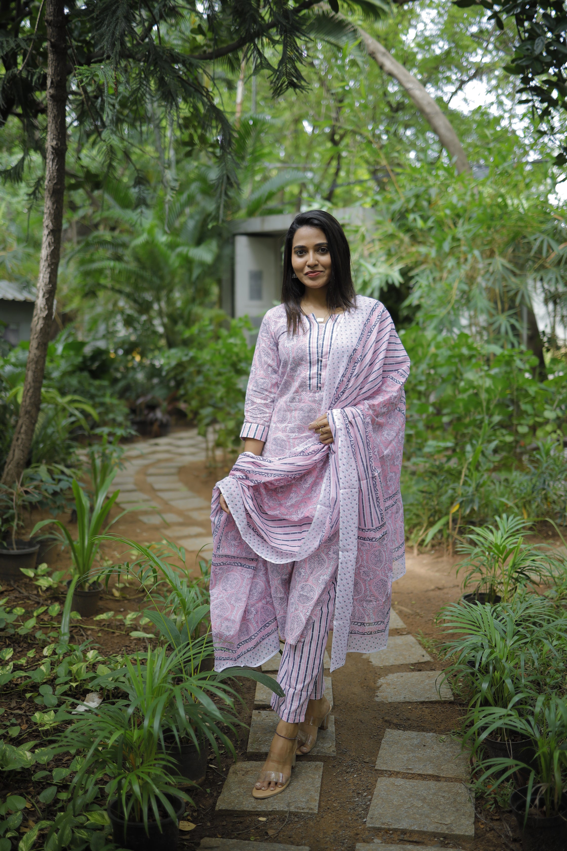 Vishaka - baby pink mughal printed organic cotton suit set