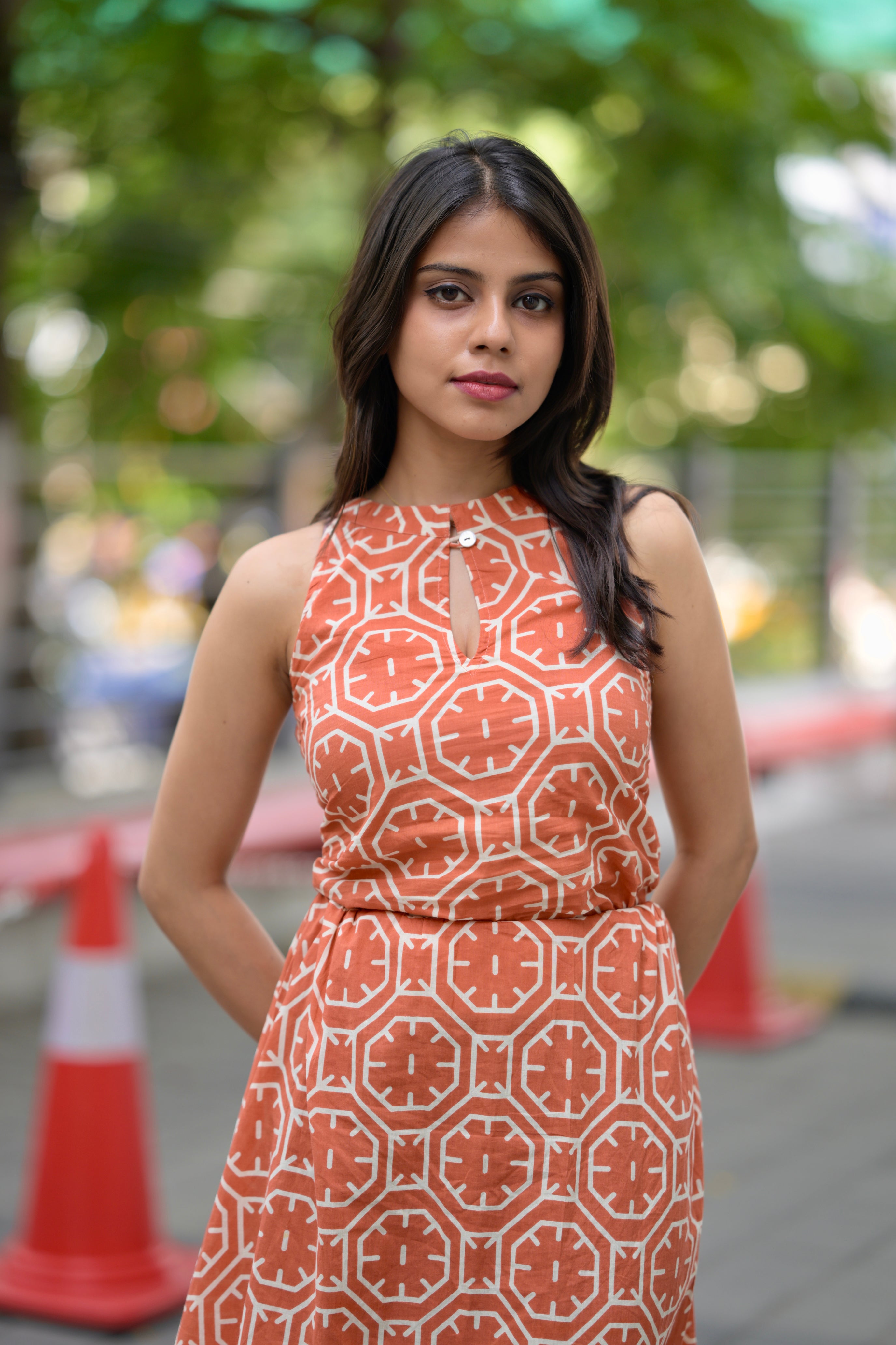 Terracotta bloom skirt co-ord set - halter neck organic cotton skirt set in orange colour