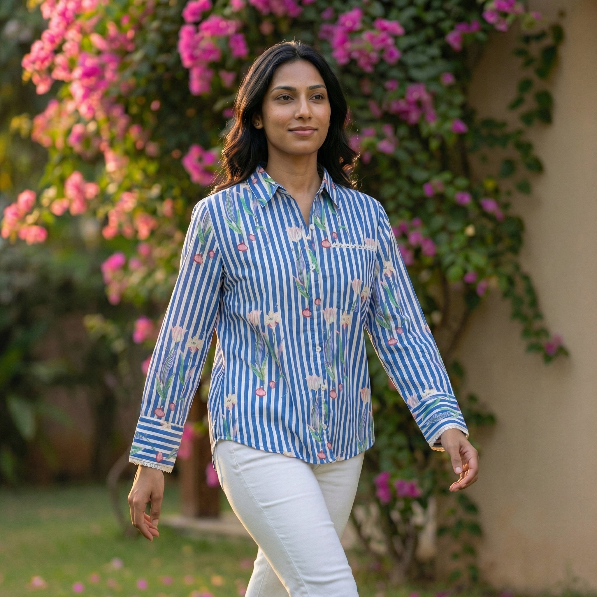 Women's shirt 34-  Floral printed organic cotton shirt in blue