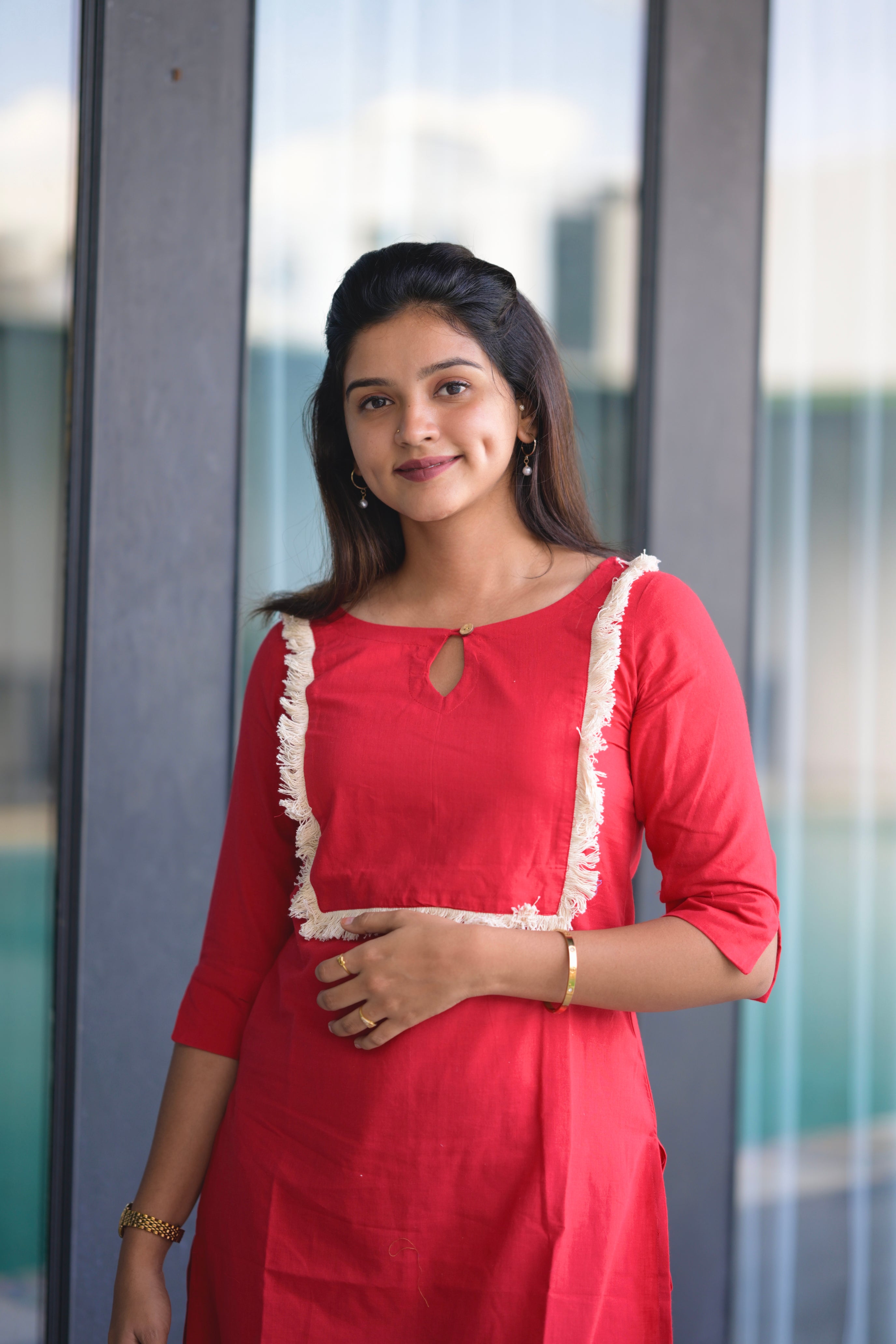 Savanna (crimson) - Cotton flex co-ord set with appliqué work in crimson