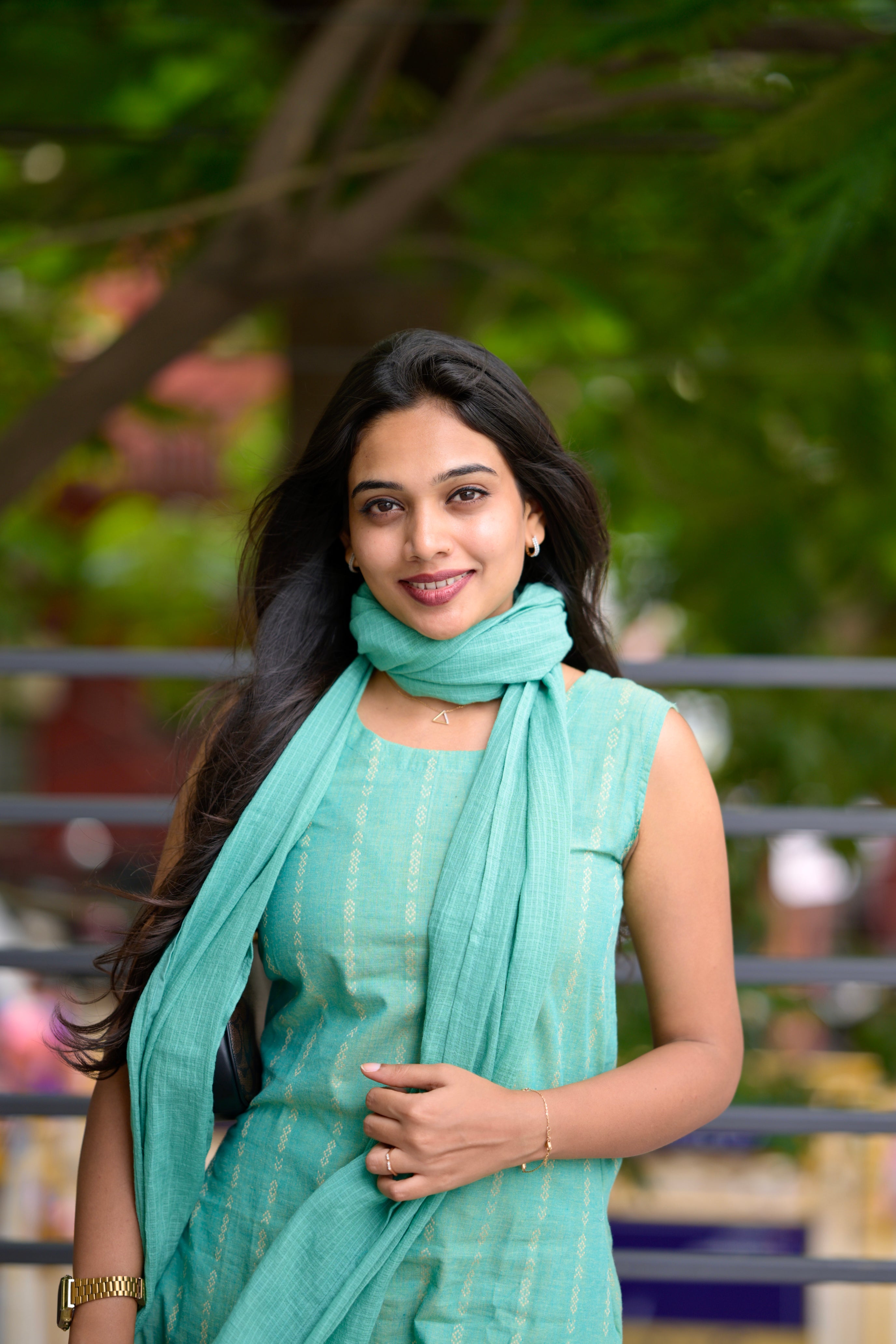 Sameira (green ) - pink handloom cotton halter neck coord set with a stole