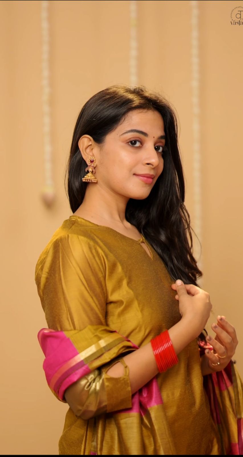 Suhasini (gold ) - semi banarasi silk suit set with striped dupatta in gold and pink