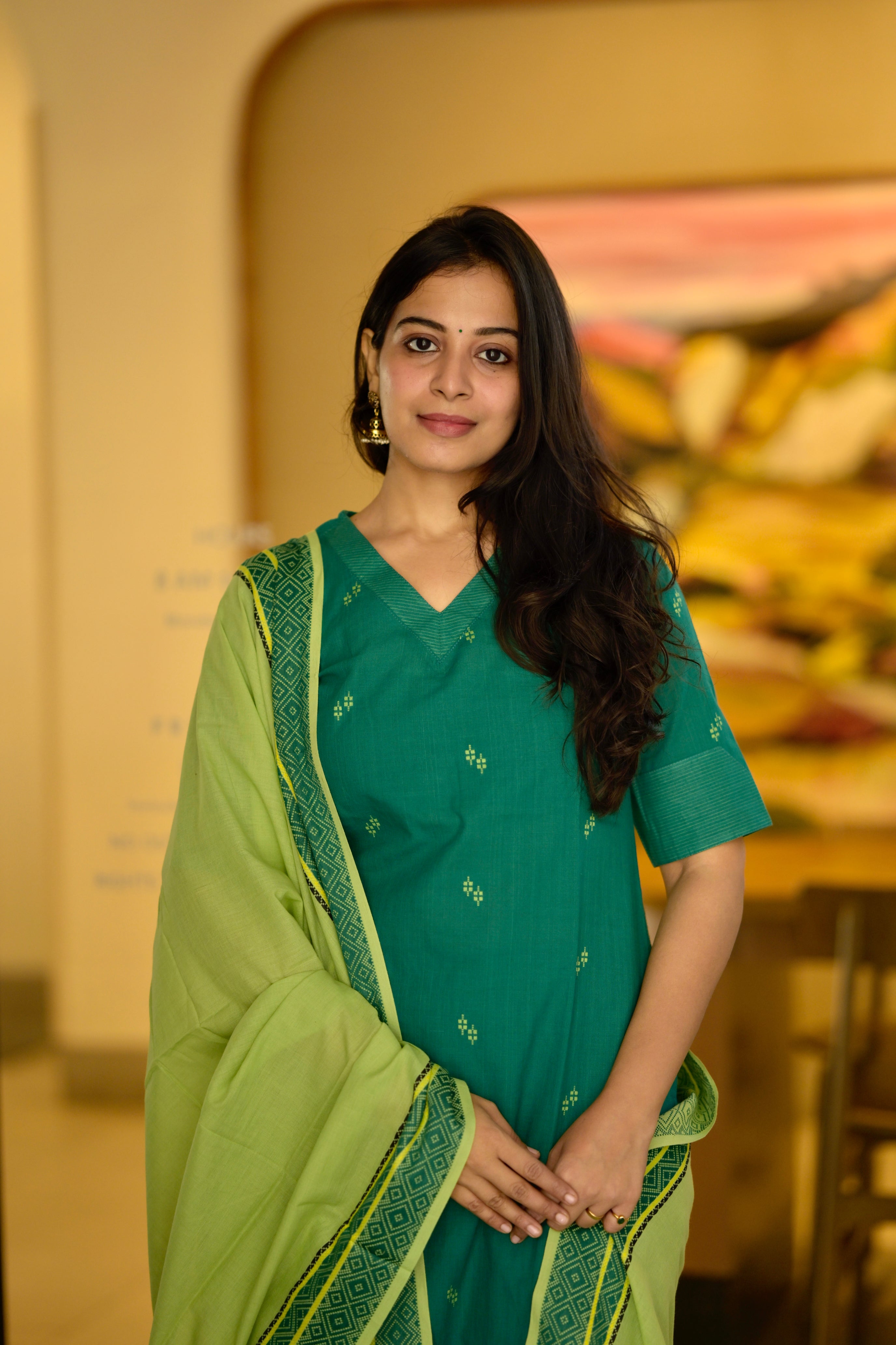 Mohini ( green ) - organic handloom cotton suit set in green colour