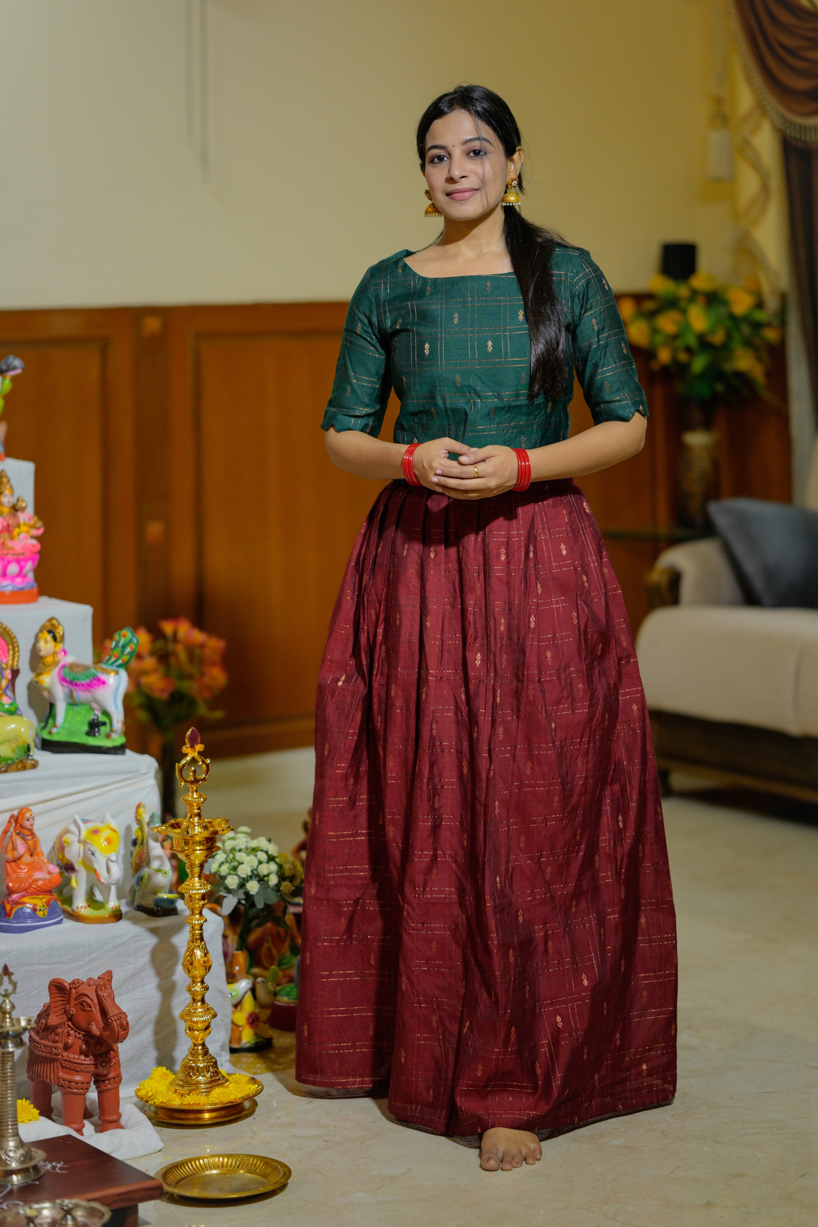 Mahalakshmi ( skirt set ) - slub art silk skirt set in green and maroon