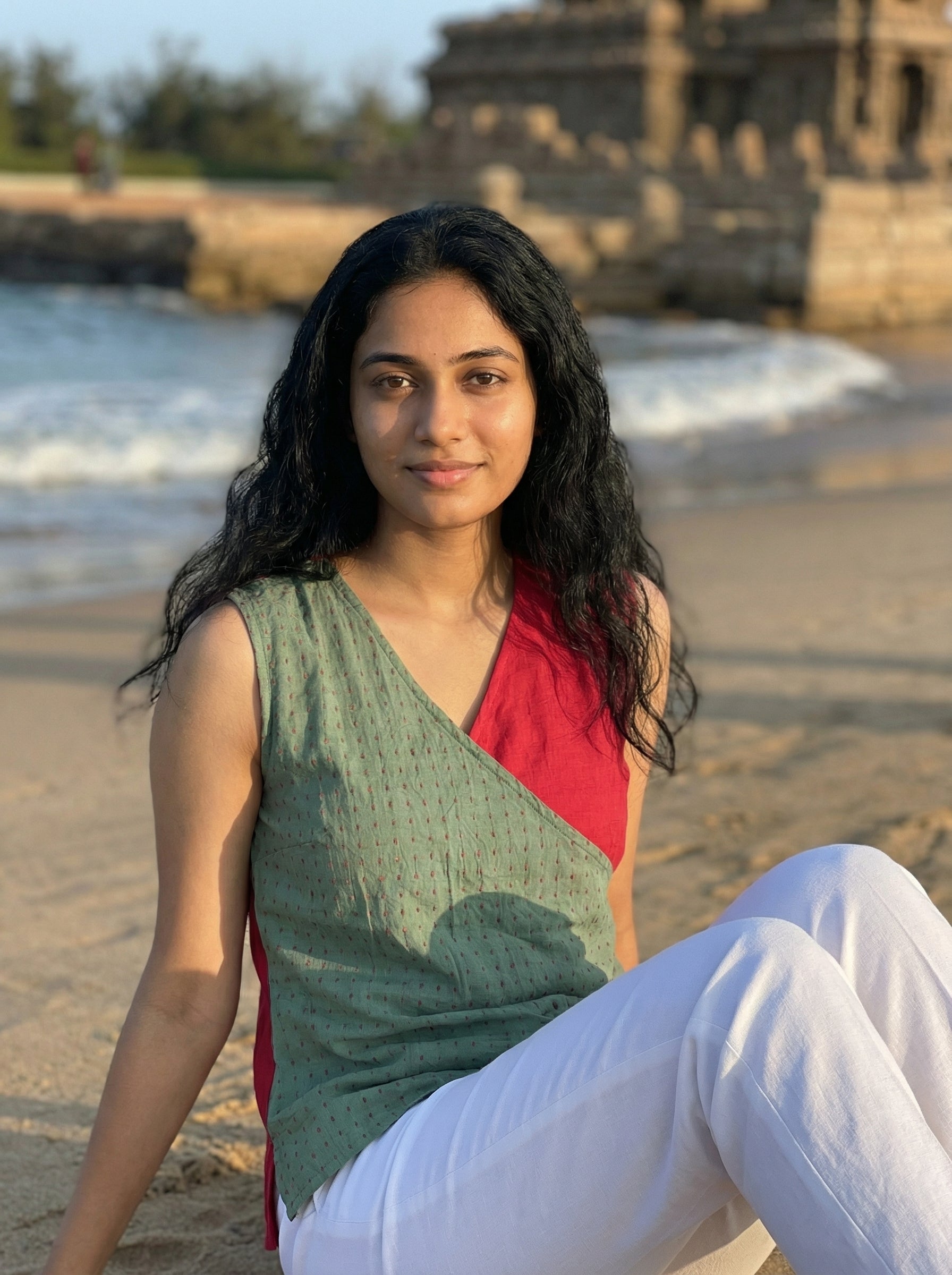 Crop top #23- handloom  organic cotton top in green & red