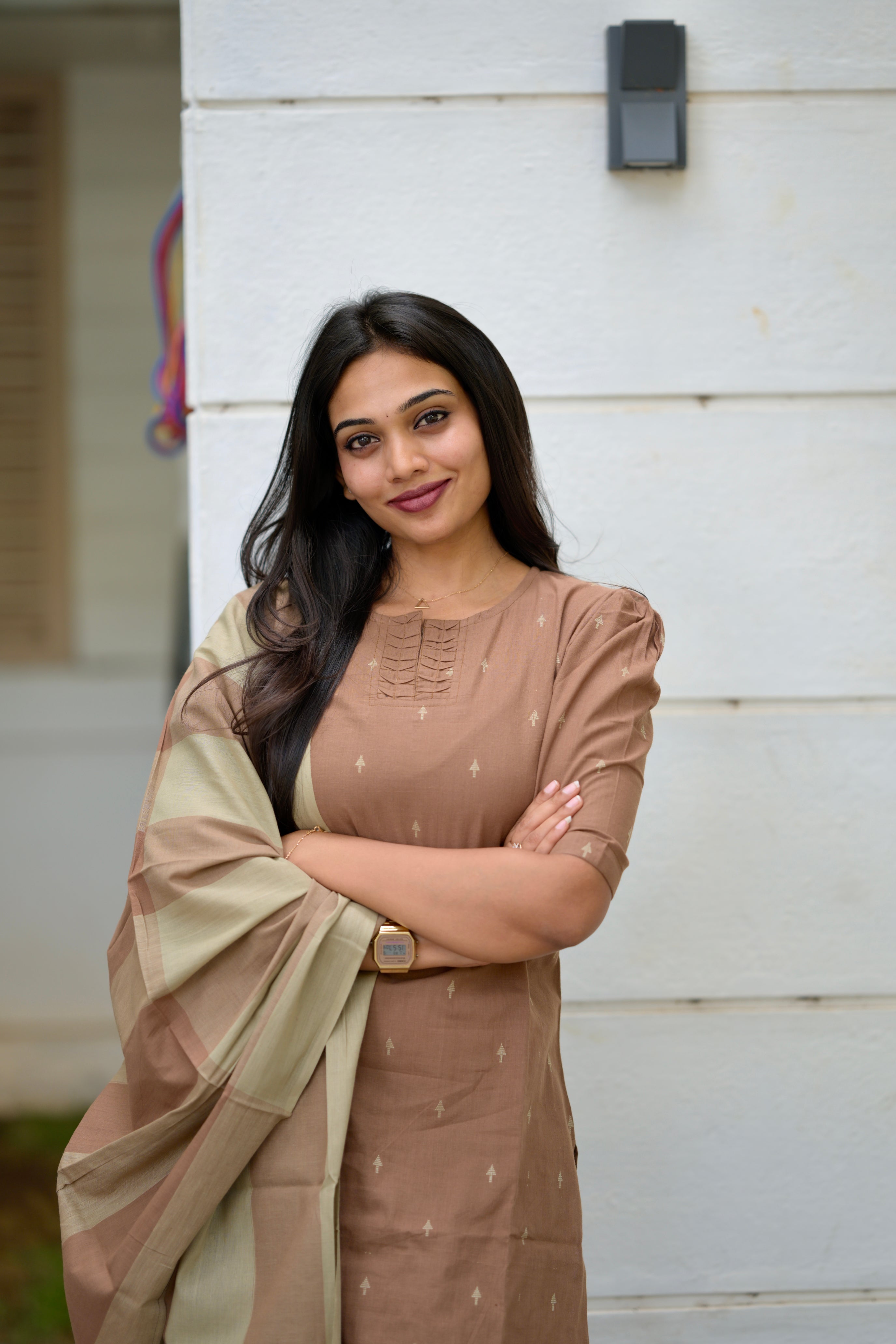 Radhya (sandal) - handloom cotton suit set in sandal