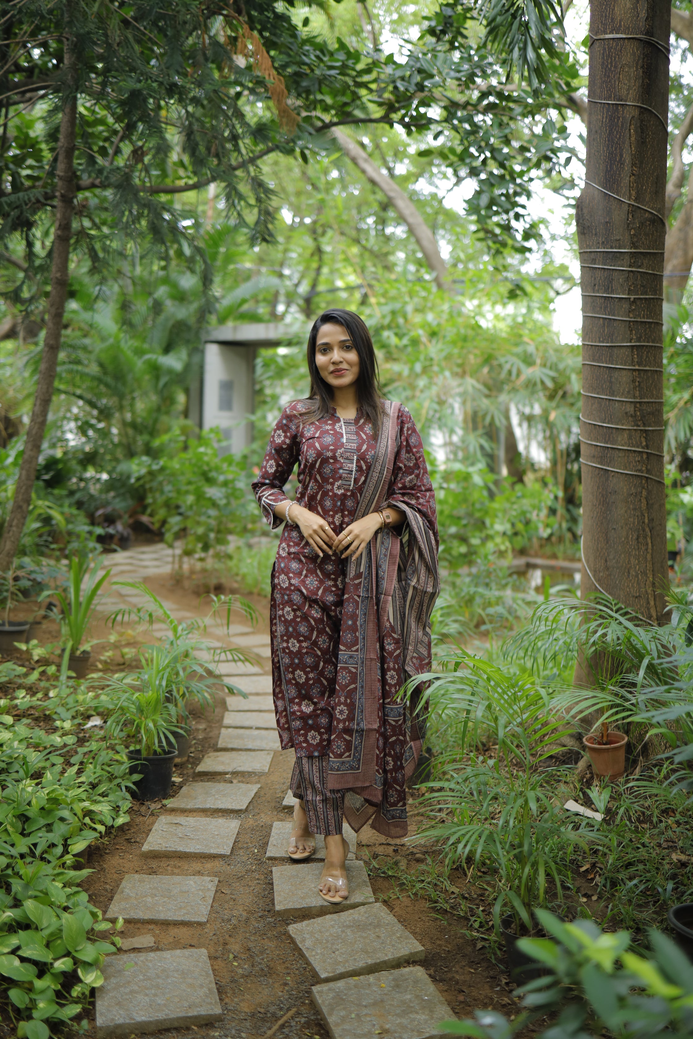 Hiranya - jaal hand block printed cotton suit set in wine colour