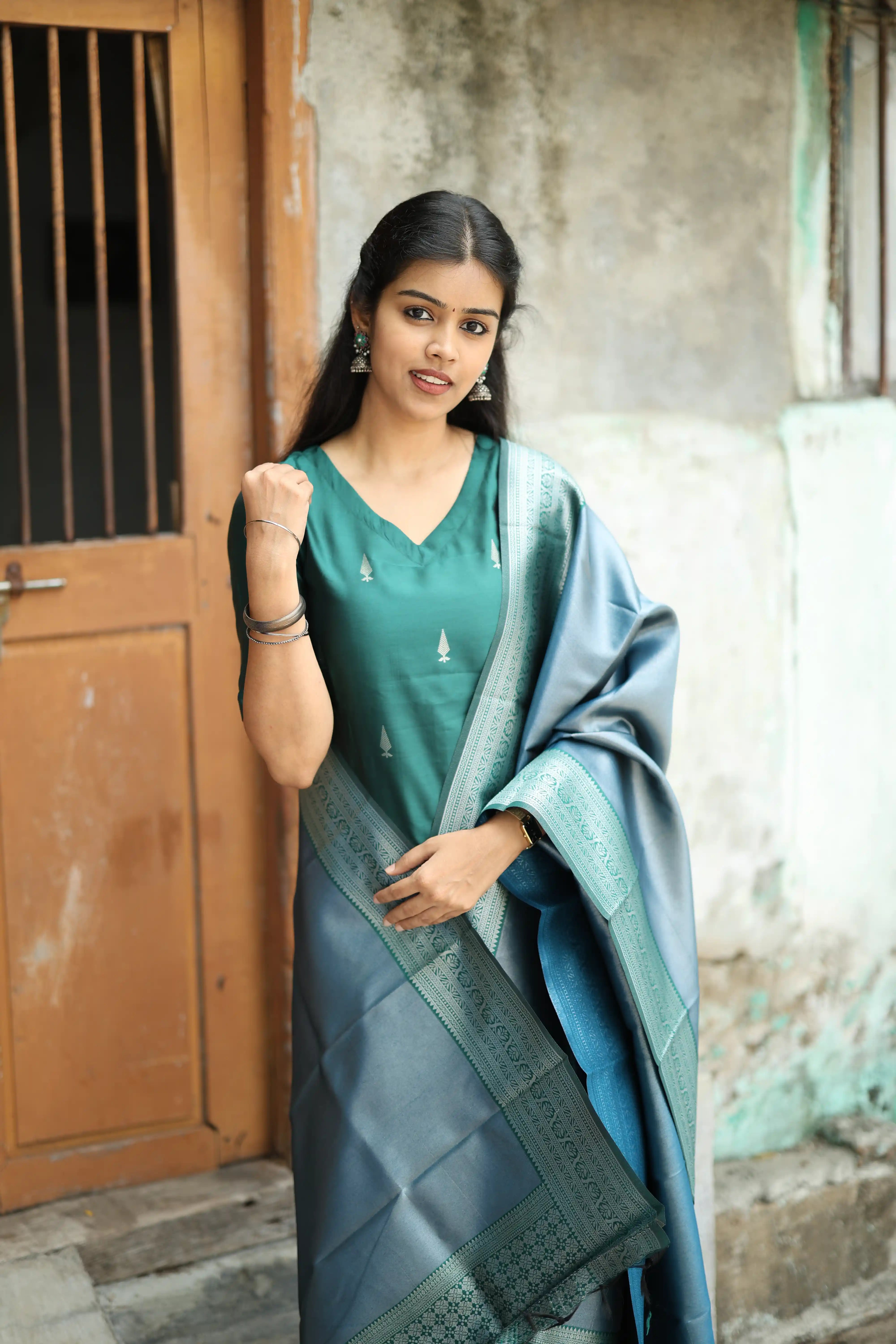 Vruksha Sampradaya - green vegan silk suit set with a beautiful shade of metallic blue vegan silk dupatta