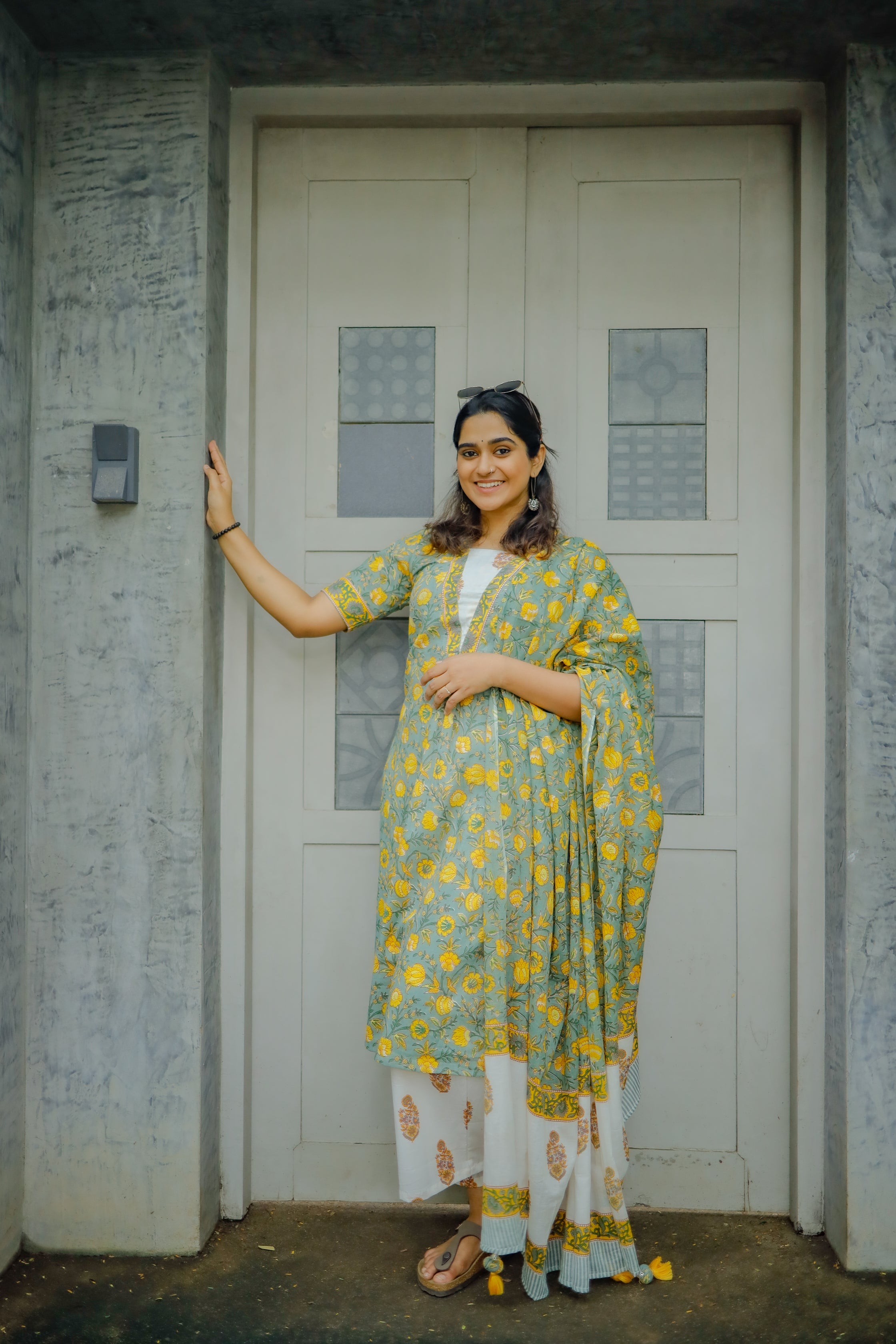 Dushara - yellow floral hand block printed cotton suit set in green & white