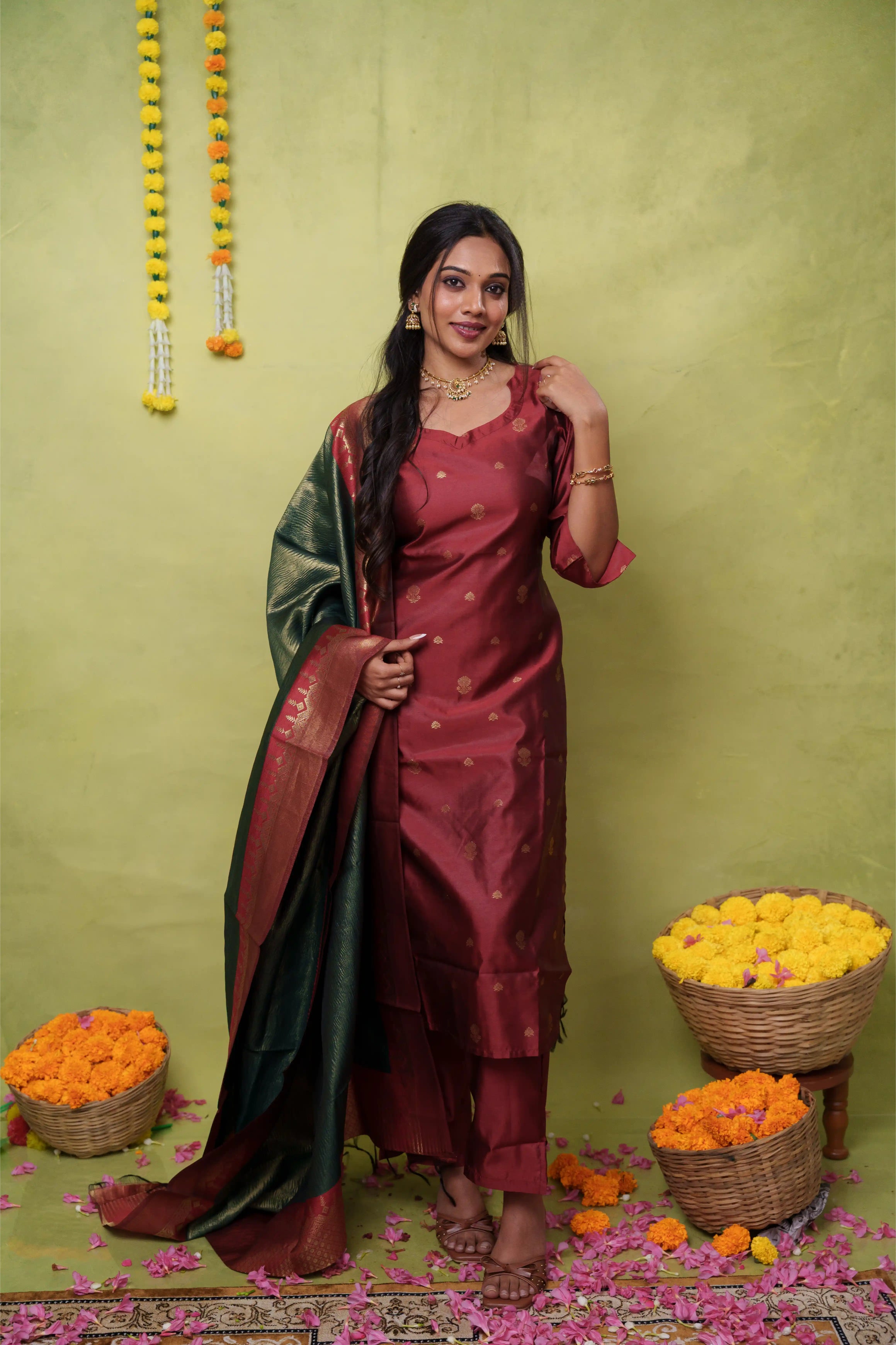 Samanvitha (maroon) -  vegan silk suit set with crushed tissue silk dupatta in green and maroon
